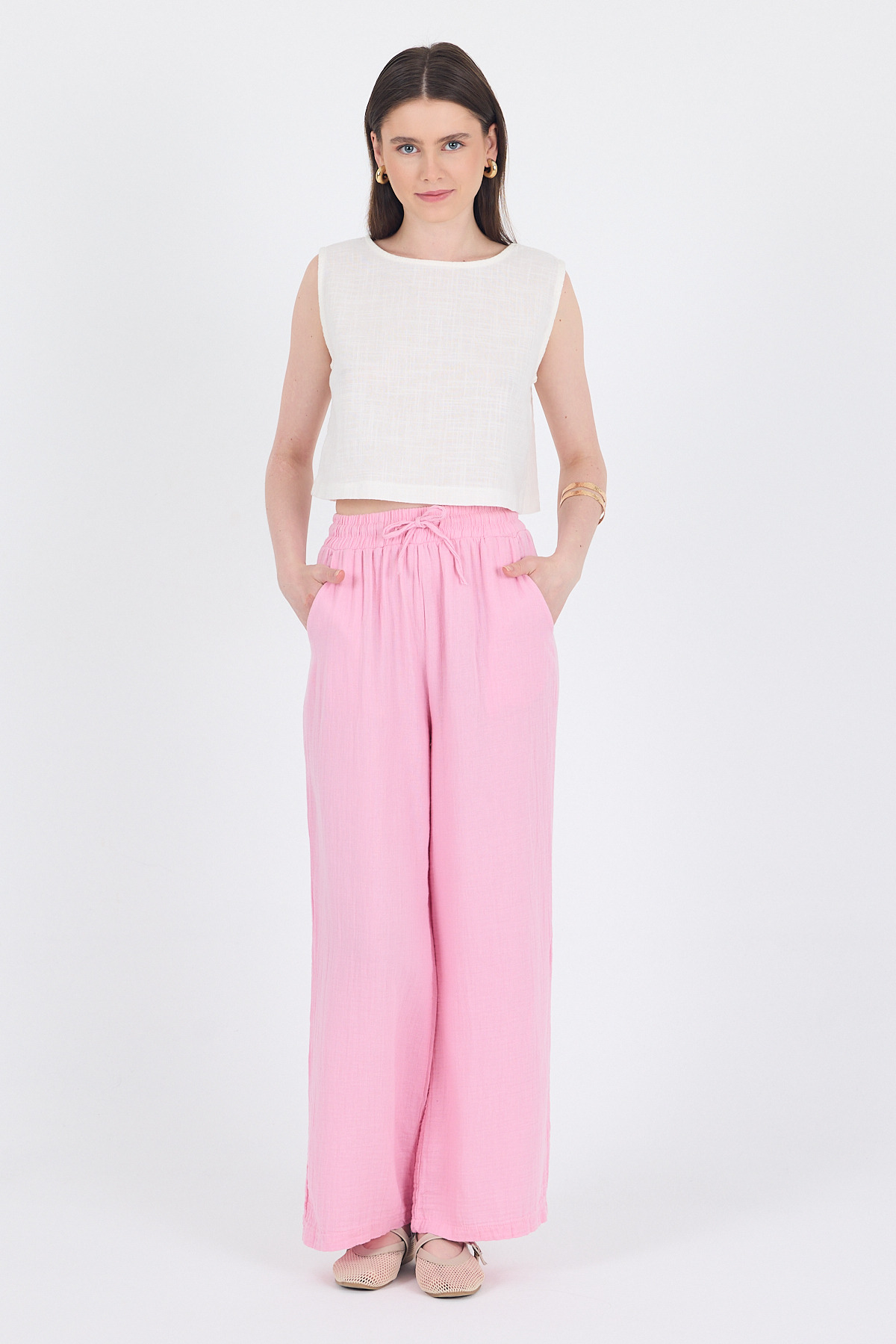 Pembe %100 Pamuk Müslin Palazzo/Bol Paça Pantolon 8056A - 3