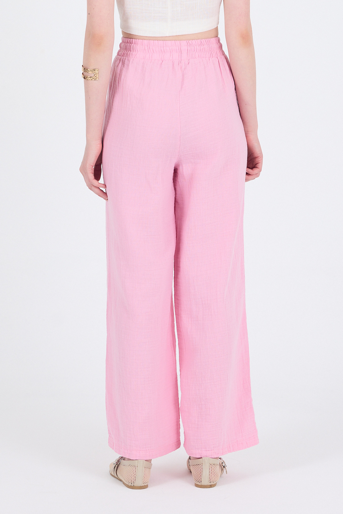 Pembe %100 Pamuk Müslin Palazzo/Bol Paça Pantolon 8056A - 6