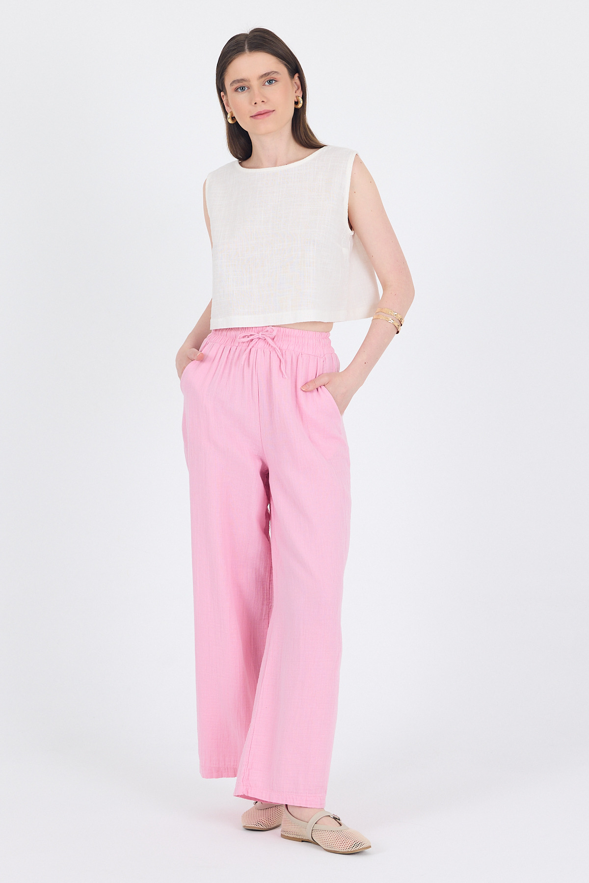 Pembe %100 Pamuk Müslin Palazzo/Bol Paça Pantolon 8056A - 7