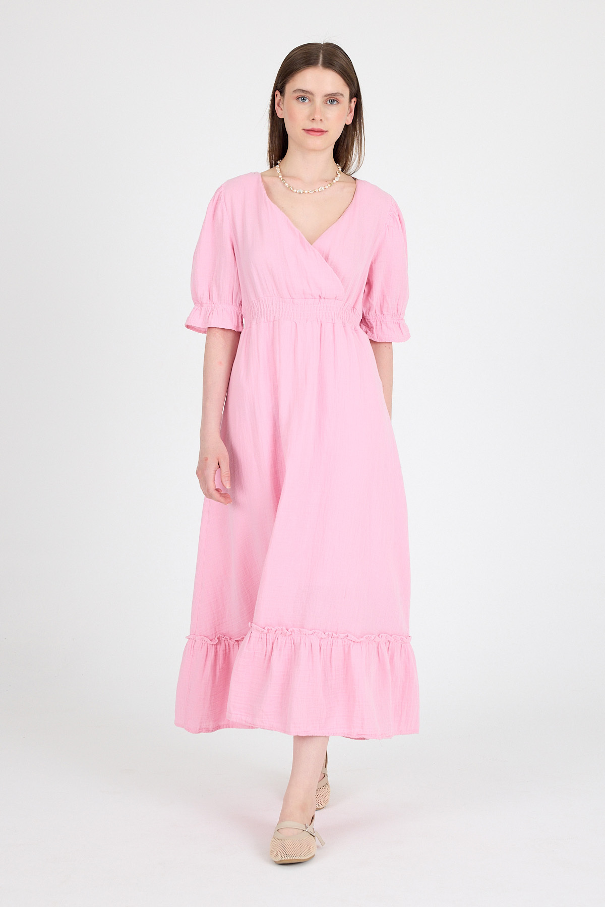 Pembe %100 Pamuk Müslin V Yaka Bel Lastikli Midi Elbise 4780A - 1