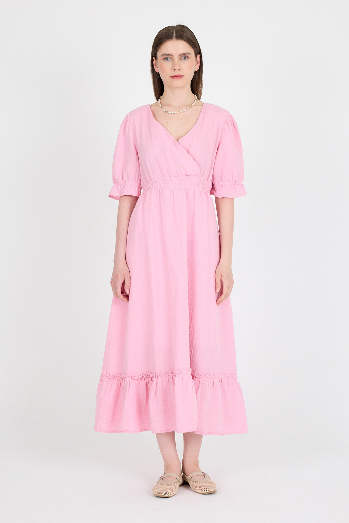 Pembe %100 Pamuk Müslin V Yaka Bel Lastikli Midi Elbise 4780A - RAYS