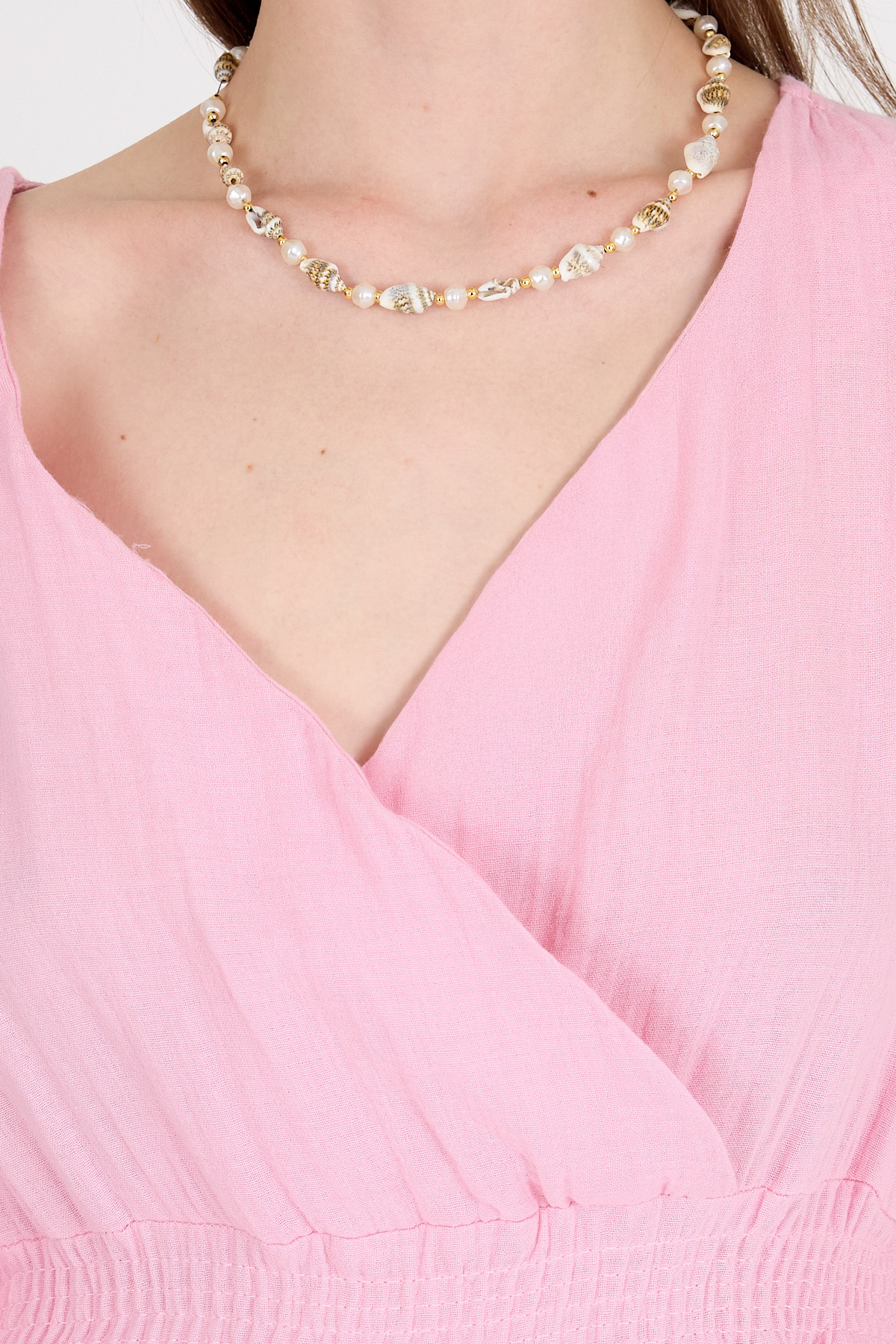 Pembe %100 Pamuk Müslin V Yaka Bel Lastikli Midi Elbise 4780A - RAYS