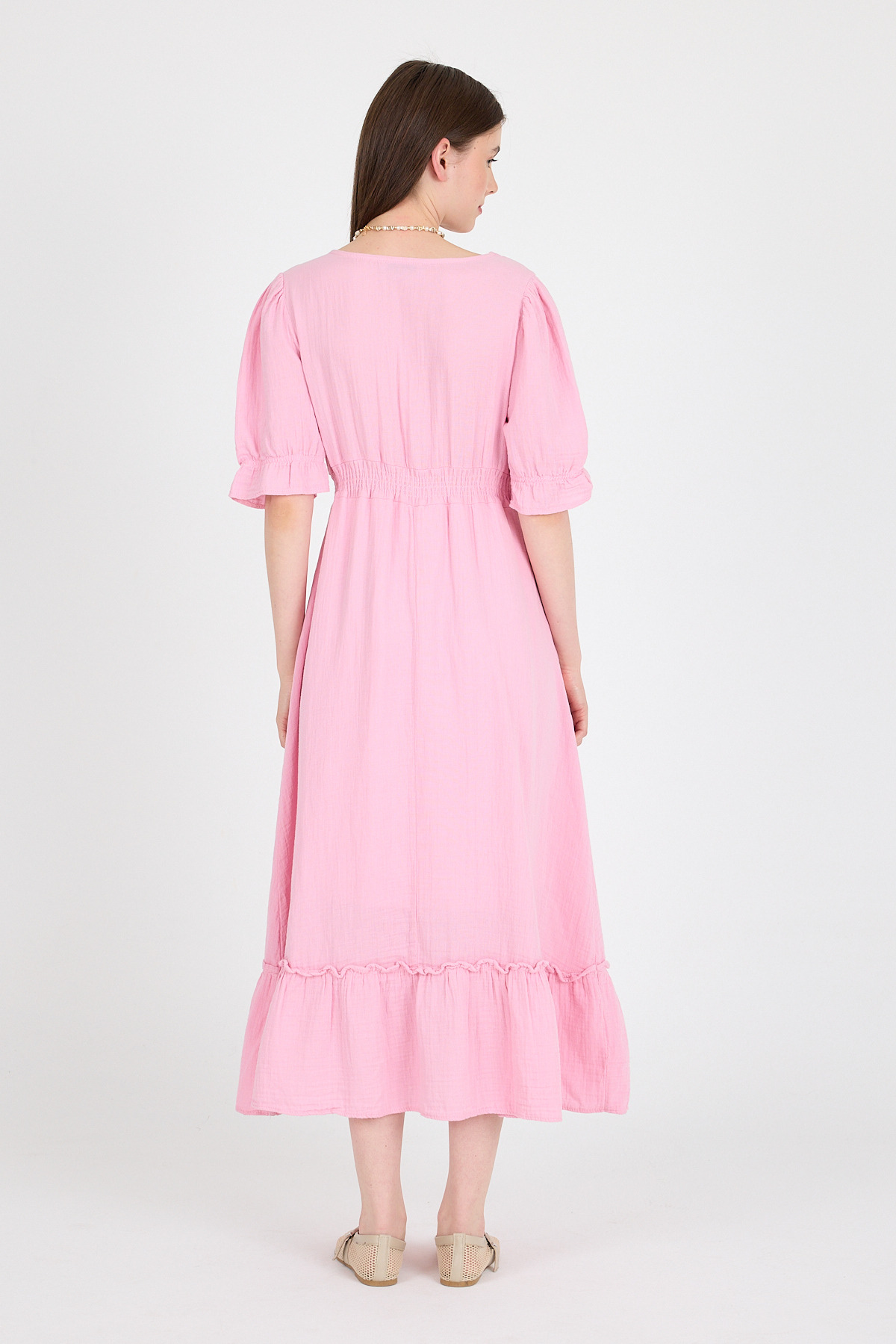 Pembe %100 Pamuk Müslin V Yaka Bel Lastikli Midi Elbise 4780A - 5