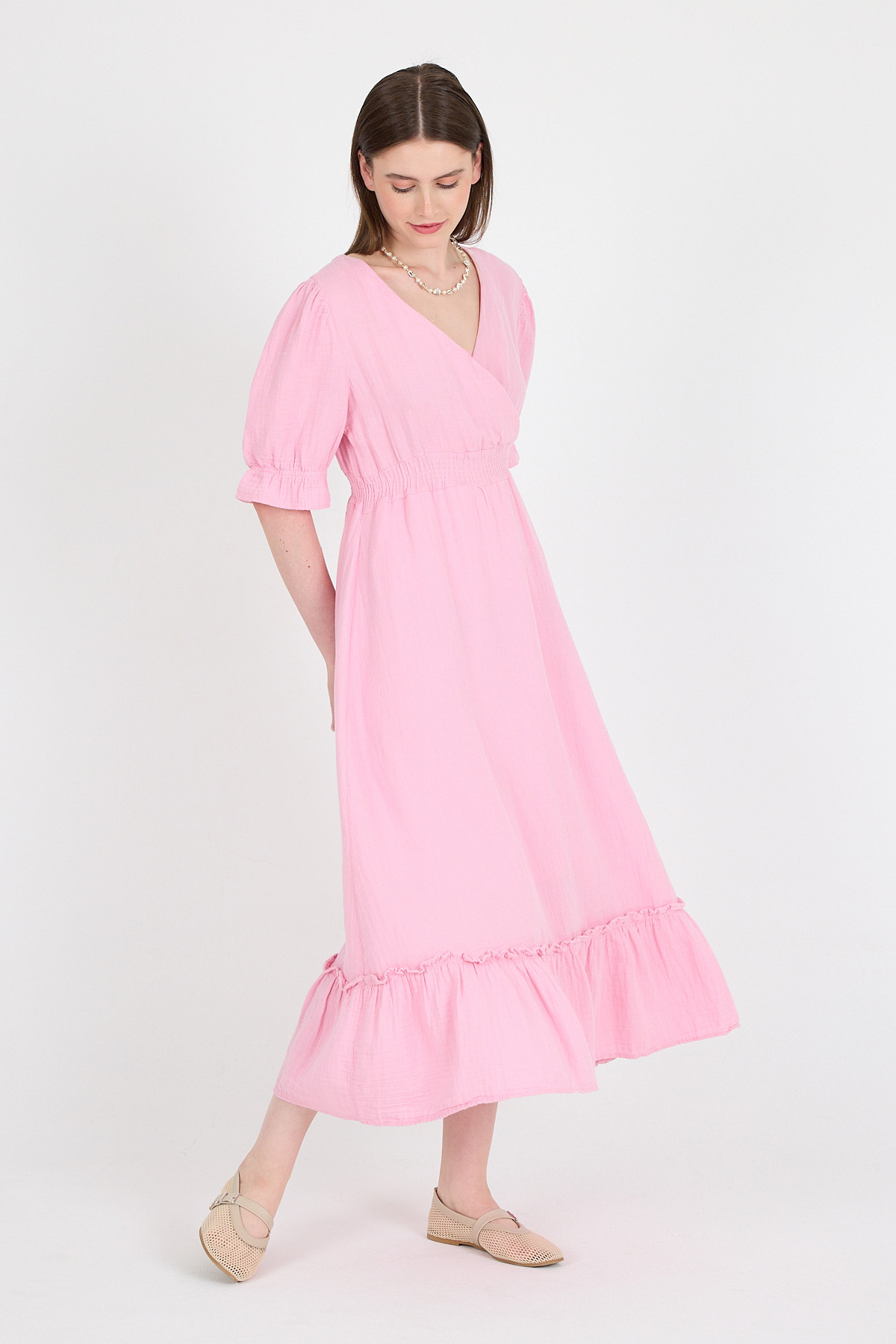 Pembe %100 Pamuk Müslin V Yaka Bel Lastikli Midi Elbise 4780A - 6