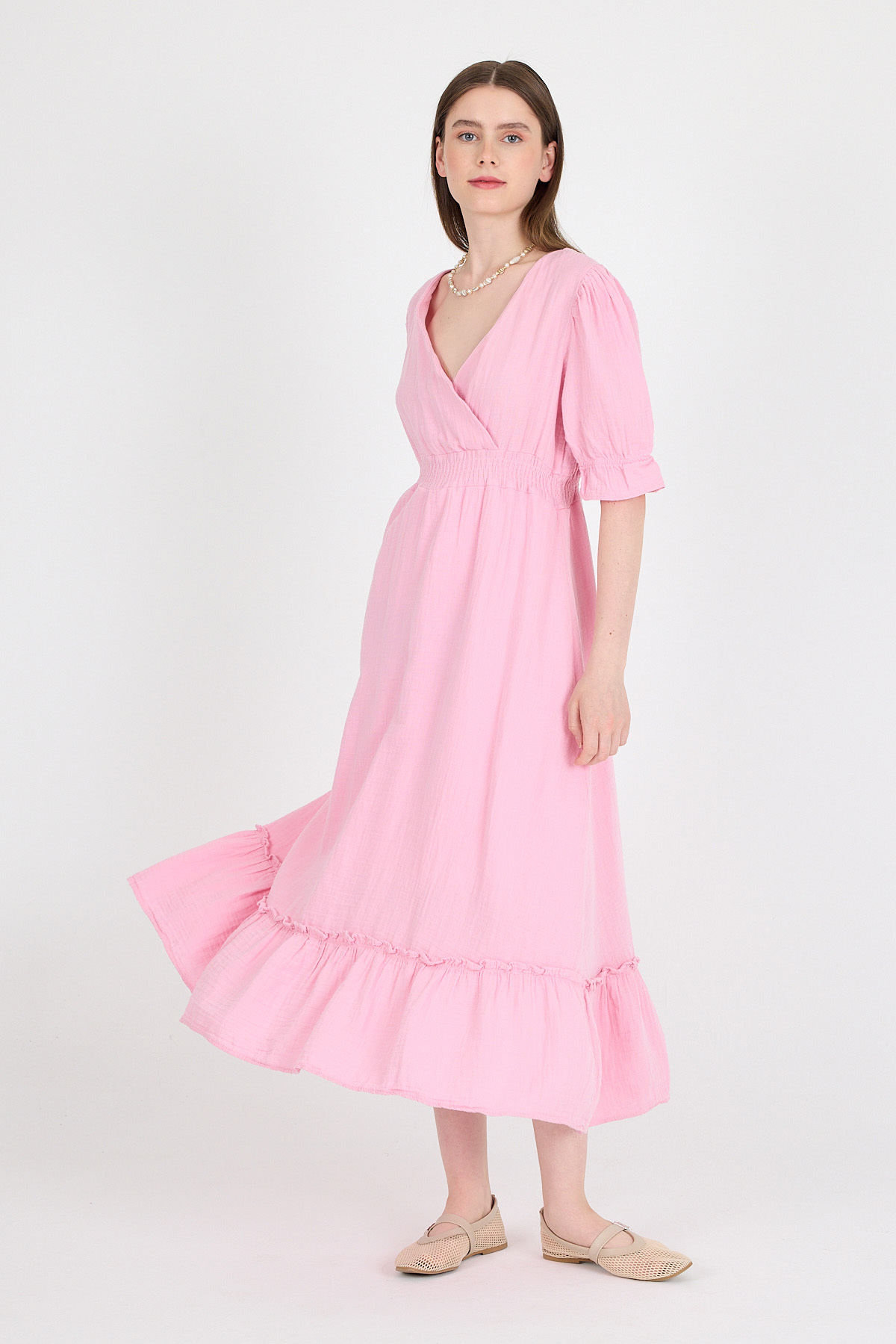 Pembe %100 Pamuk Müslin V Yaka Bel Lastikli Midi Elbise 4780A - RAYS