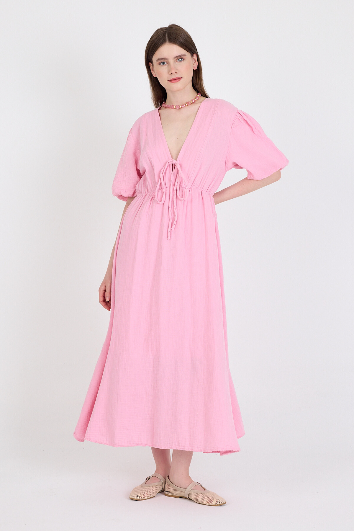 Pembe %100 Pamuk Ön Bağlama Detaylı Midi Elbise 4785A - 1