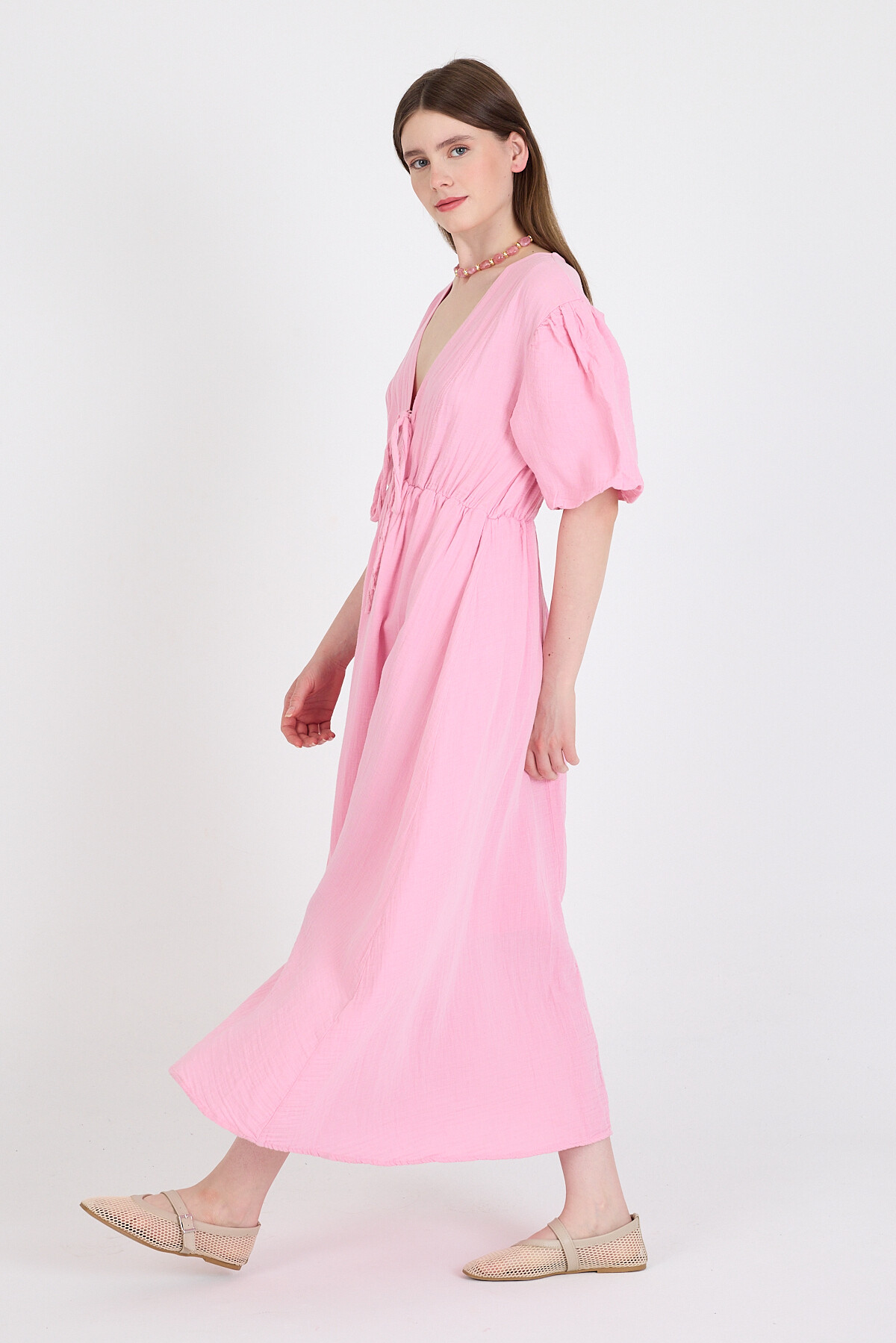 Pembe %100 Pamuk Ön Bağlama Detaylı Midi Elbise 4785A - 2
