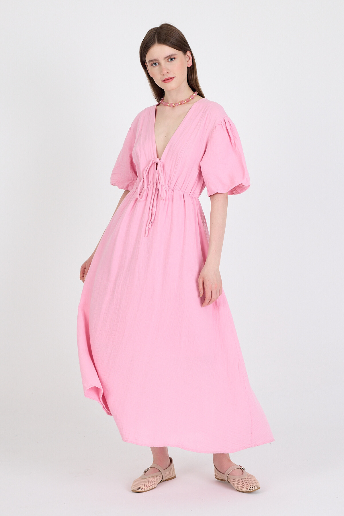 Pembe %100 Pamuk Ön Bağlama Detaylı Midi Elbise 4785A - 3