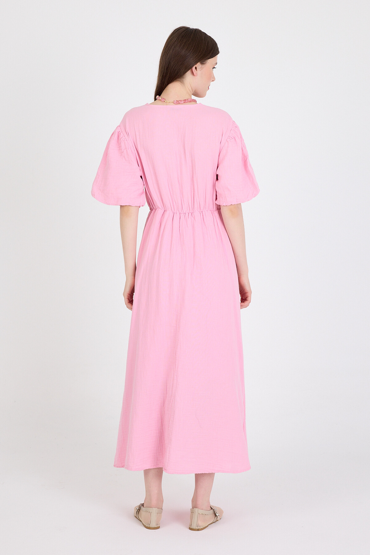 Pembe %100 Pamuk Ön Bağlama Detaylı Midi Elbise 4785A - 5