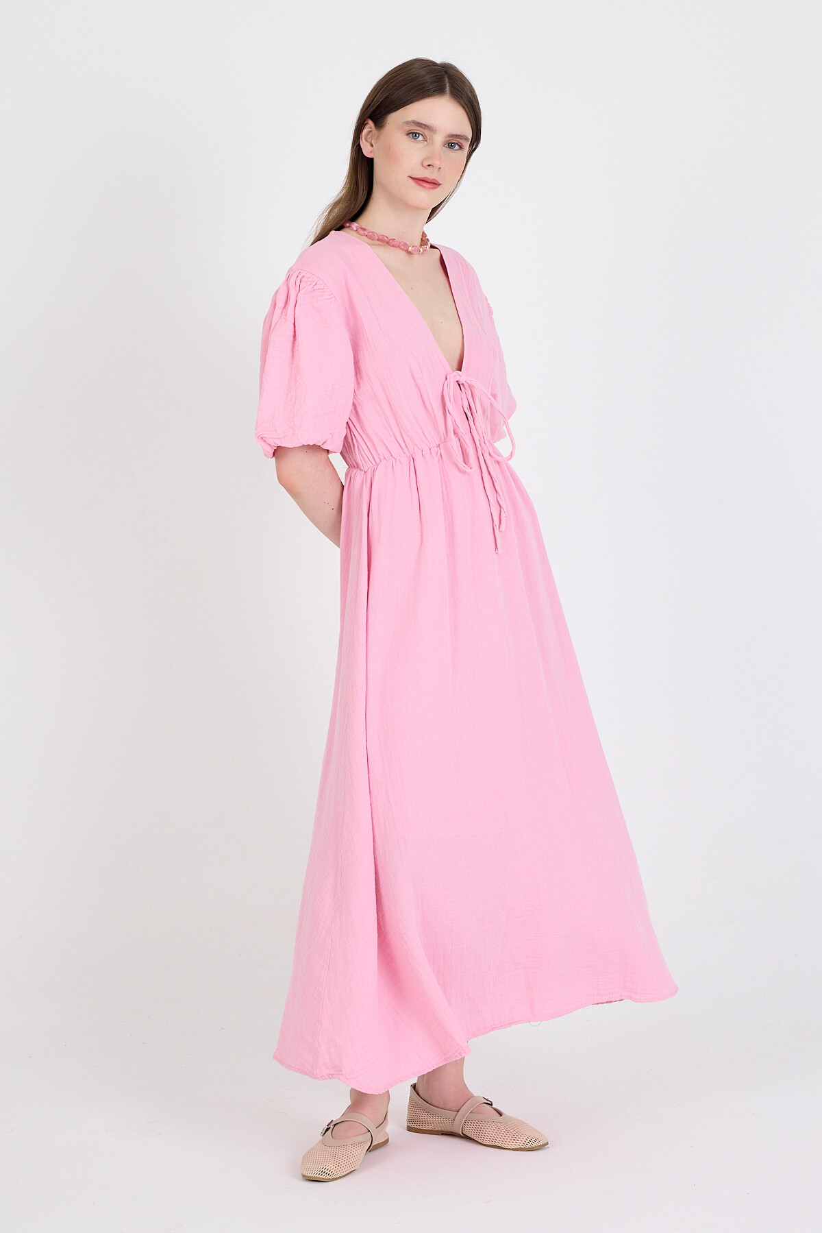 Pembe %100 Pamuk Ön Bağlama Detaylı Midi Elbise 4785A - 6