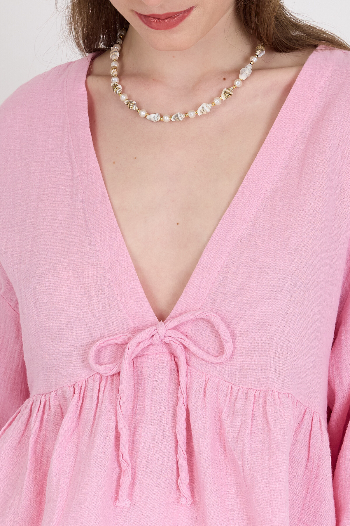 Pembe %100 Pamuk V Yaka Ön Bağlama Detaylı Bluz 4784A - 4