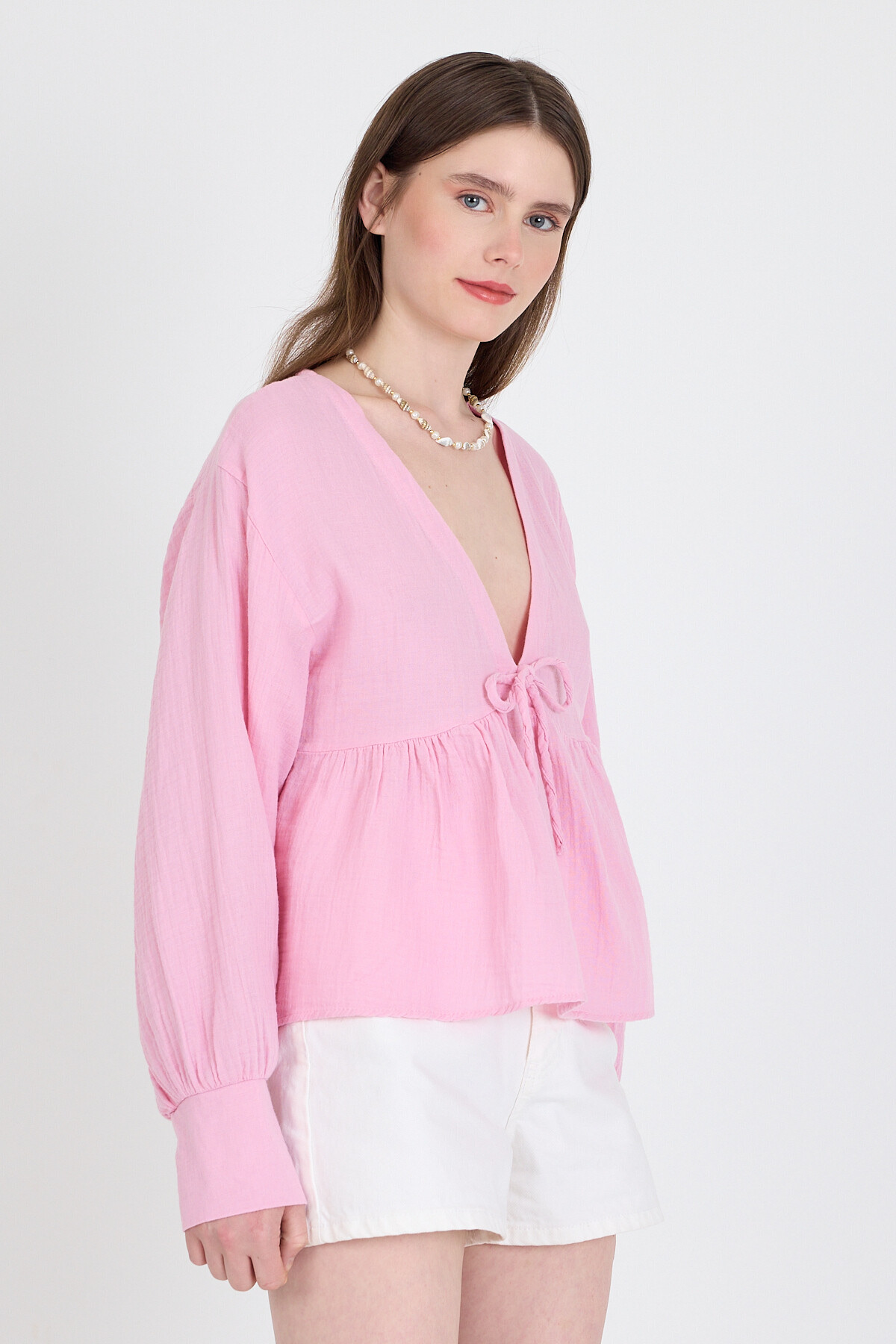 Pembe %100 Pamuk V Yaka Ön Bağlama Detaylı Bluz 4784A - 2