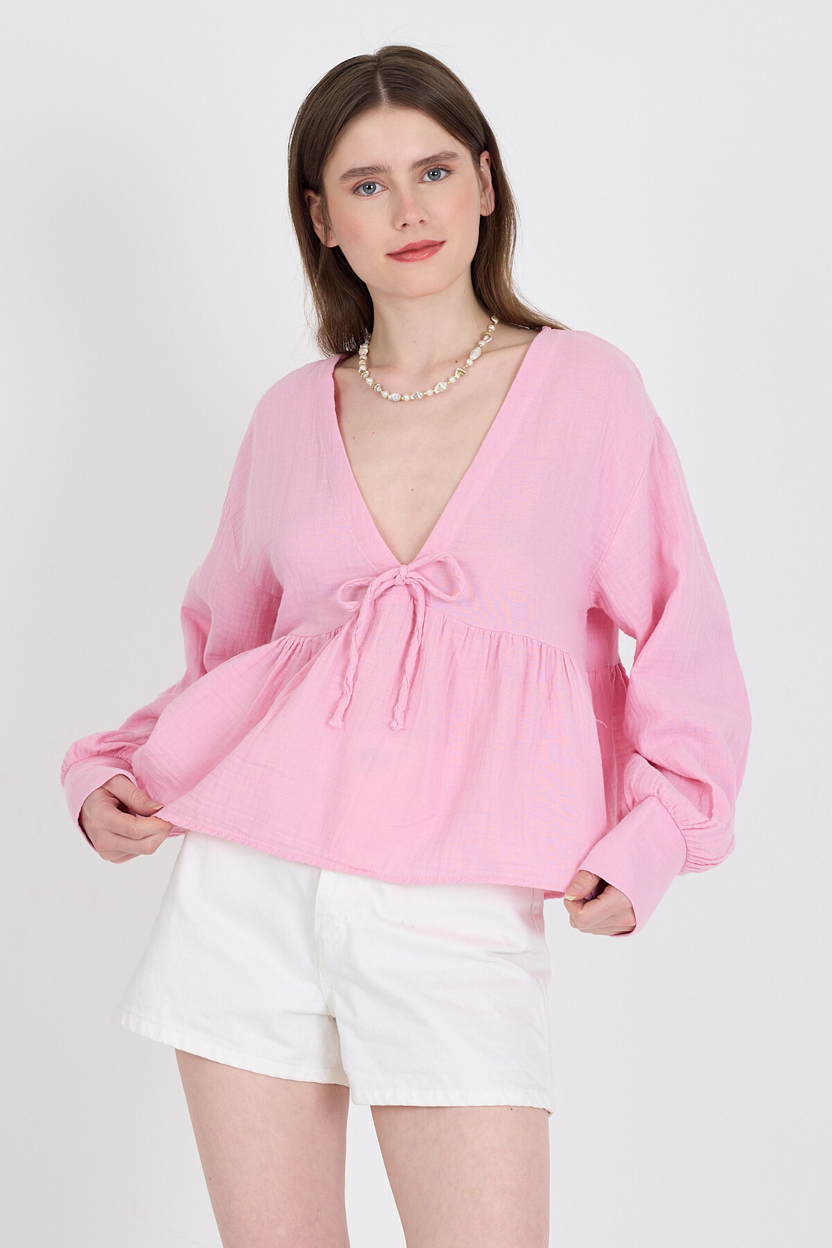 Pembe %100 Pamuk V Yaka Ön Bağlama Detaylı Bluz 4784A - 6