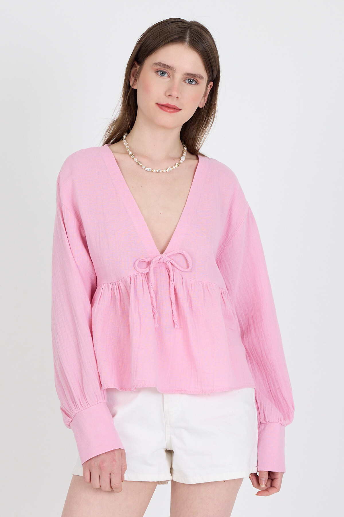 Pembe %100 Pamuk V Yaka Ön Bağlama Detaylı Bluz 4784A - 1