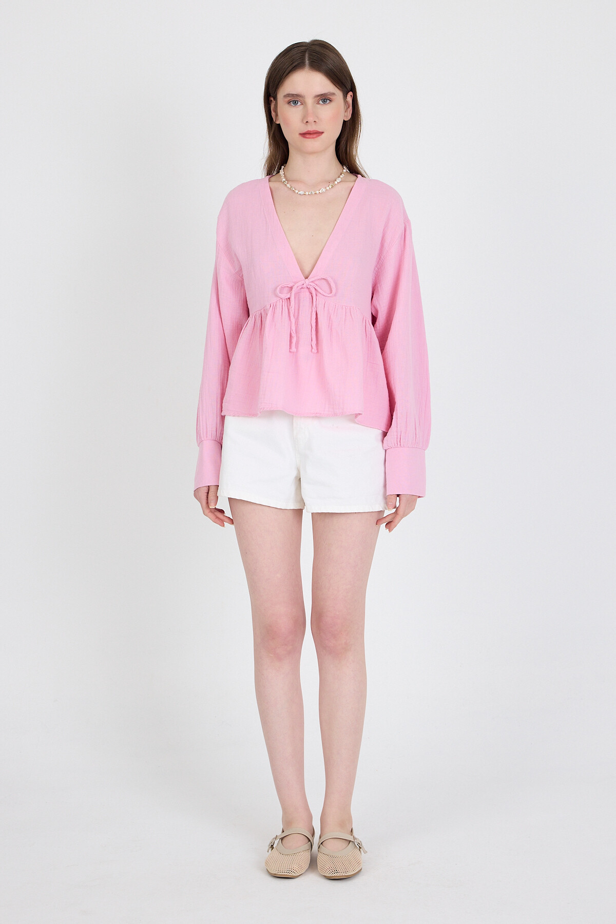 Pembe %100 Pamuk V Yaka Ön Bağlama Detaylı Bluz 4784A - 3