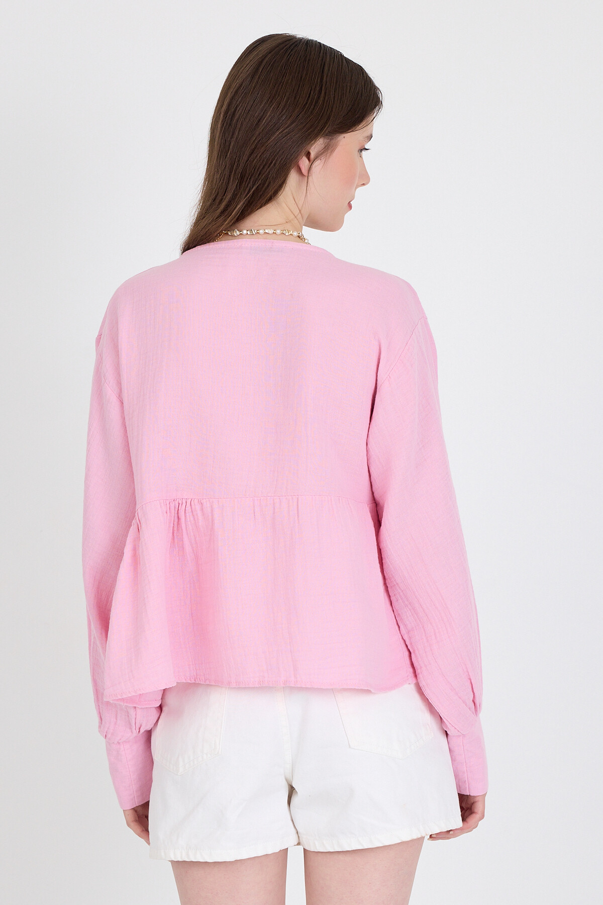 Pembe %100 Pamuk V Yaka Ön Bağlama Detaylı Bluz 4784A - 5