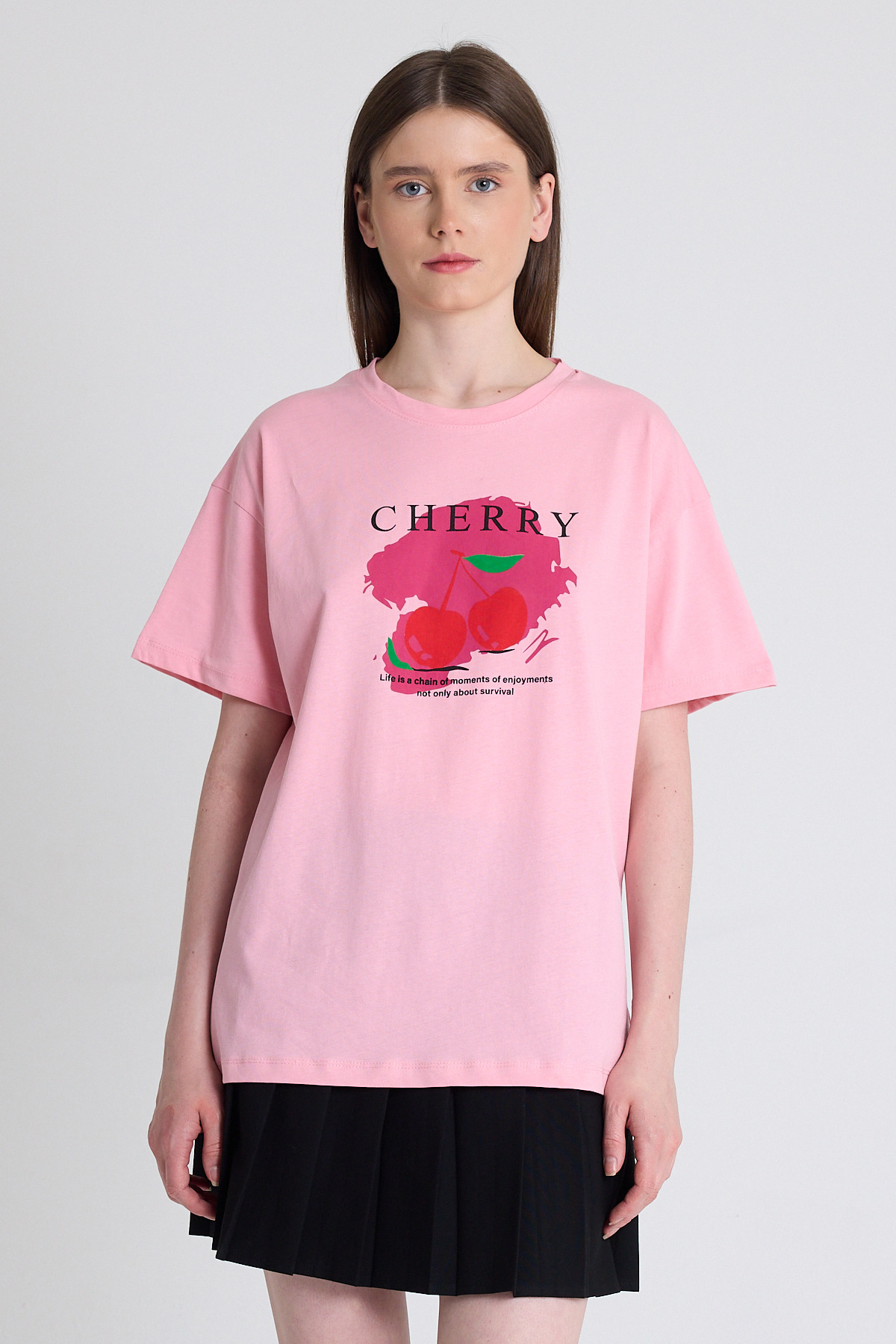 Pembe %100 Pamuk Yazı Baskılı Tişört 2150-15M 