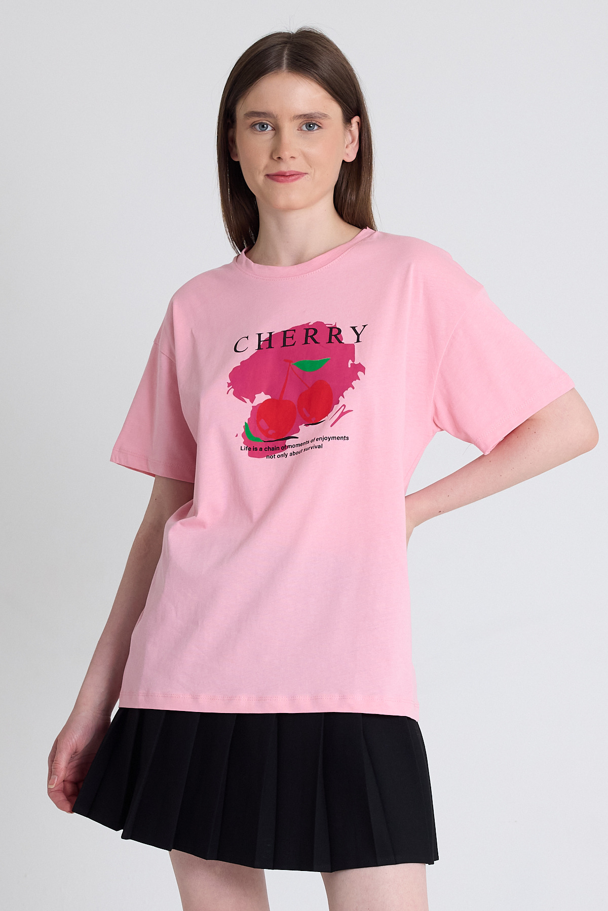 Pembe %100 Pamuk Yazı Baskılı Tişört 2150-15M - 2