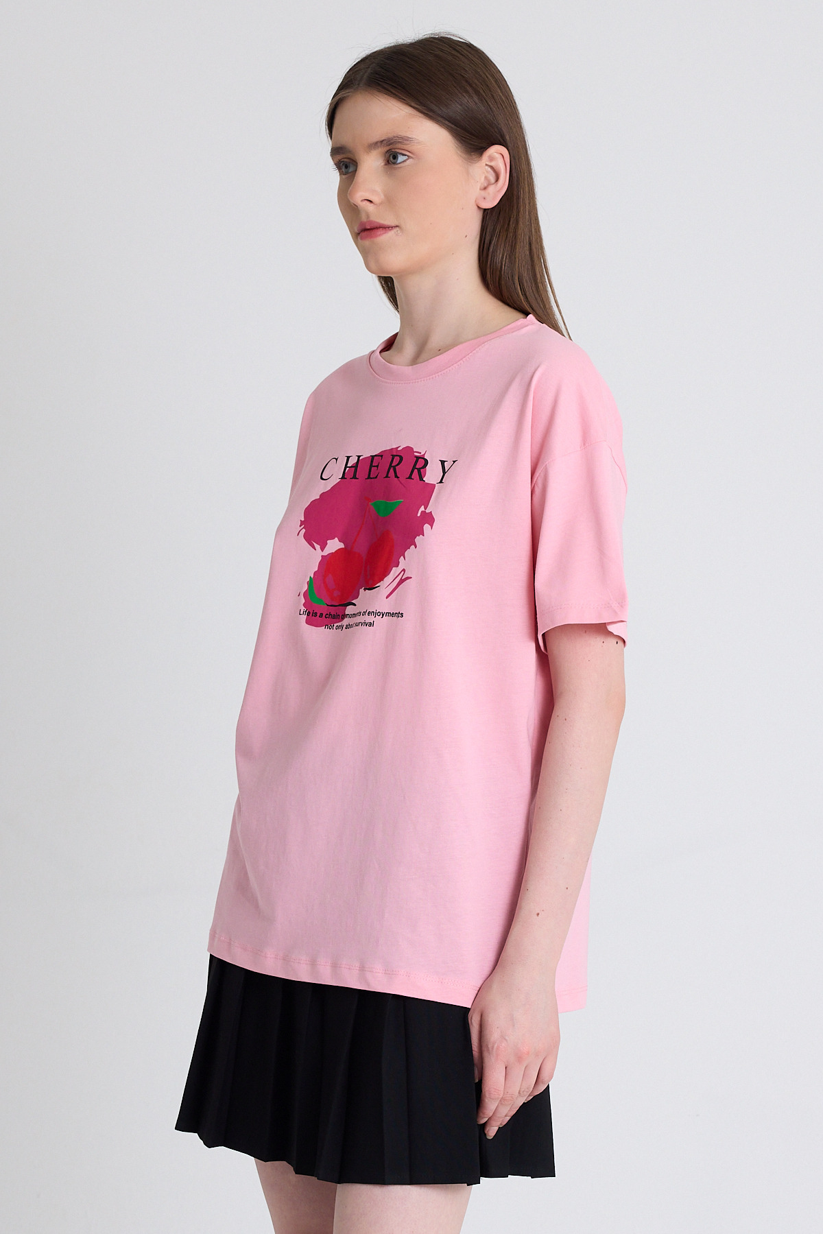 Pembe %100 Pamuk Yazı Baskılı Tişört 2150-15M - 3