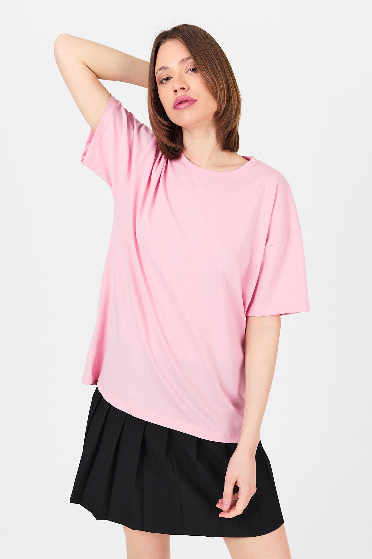Pembe Arka Yazı Baskılı Kalpli %100 Pamuk Oversize Tişört 2150-33M 