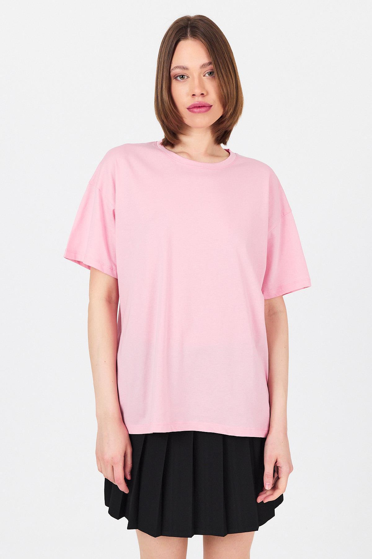Pembe Arka Yazı Baskılı Kalpli %100 Pamuk Oversize Tişört 2150-33M - 2