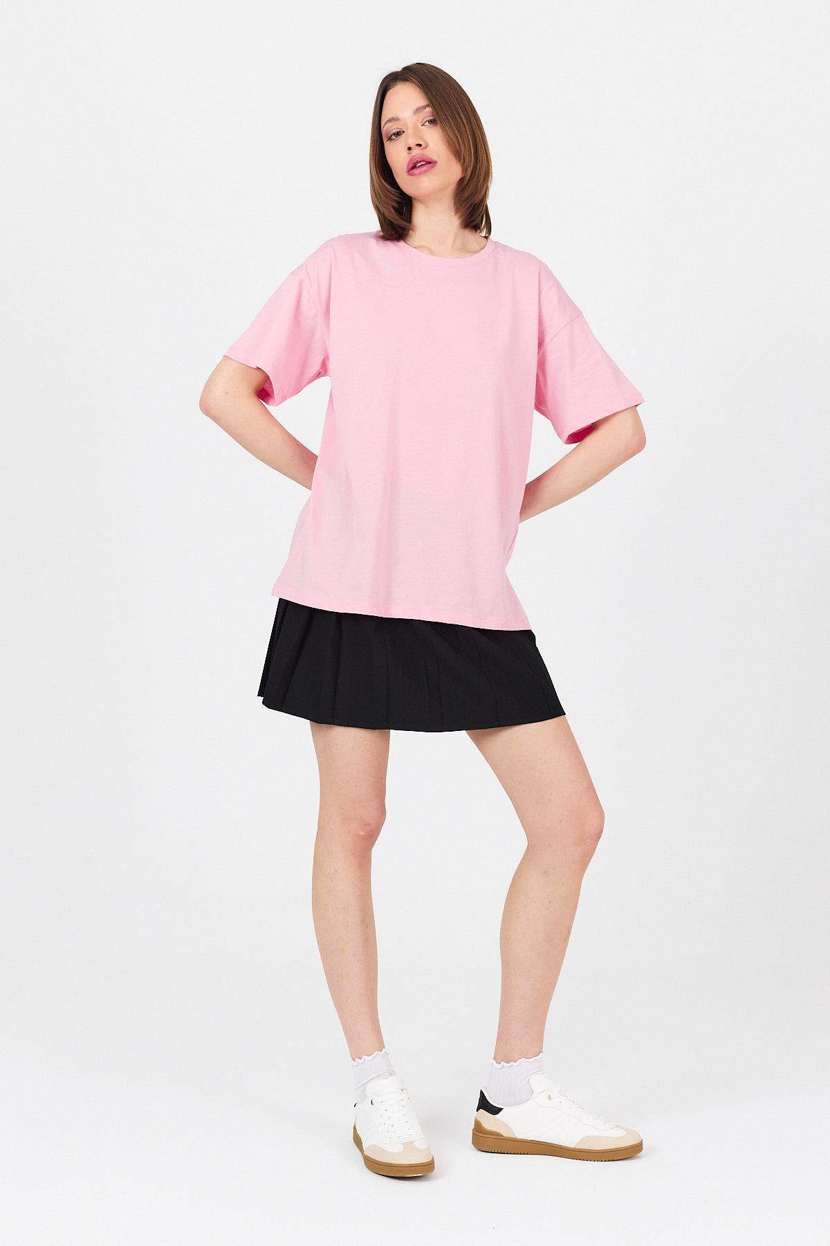 Pembe Arka Yazı Baskılı Kalpli %100 Pamuk Oversize Tişört 2150-33M - RAYS