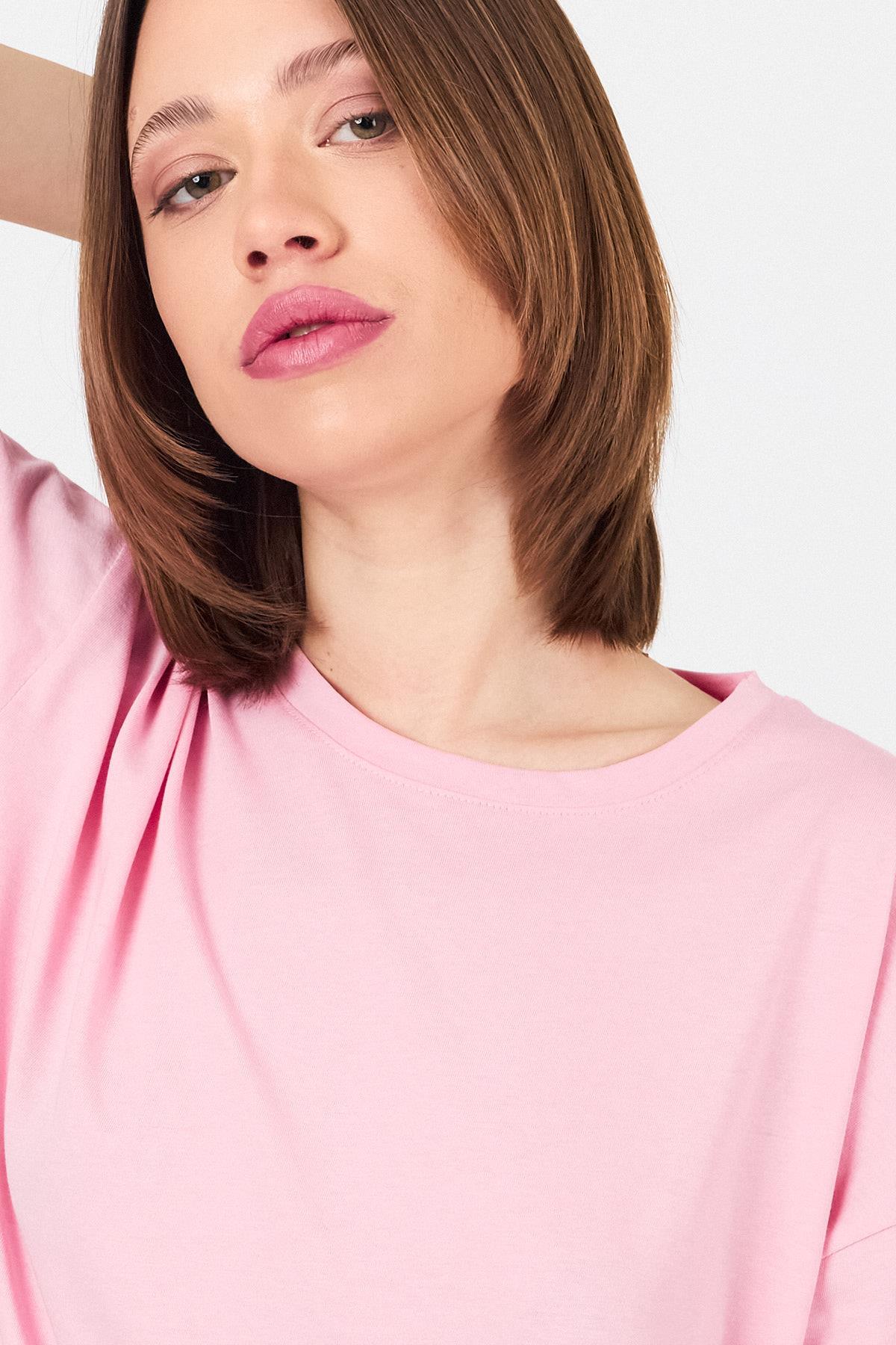 Pembe Arka Yazı Baskılı Kalpli %100 Pamuk Oversize Tişört 2150-33M - 4