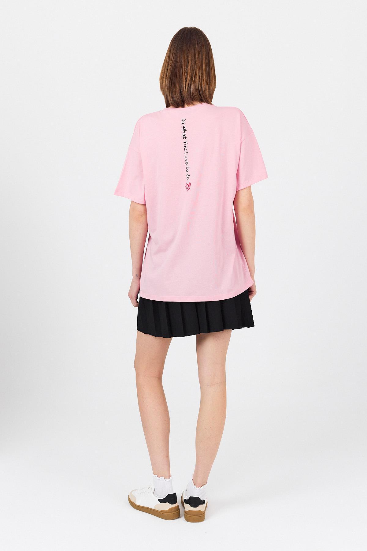 Pembe Arka Yazı Baskılı Kalpli %100 Pamuk Oversize Tişört 2150-33M - 6