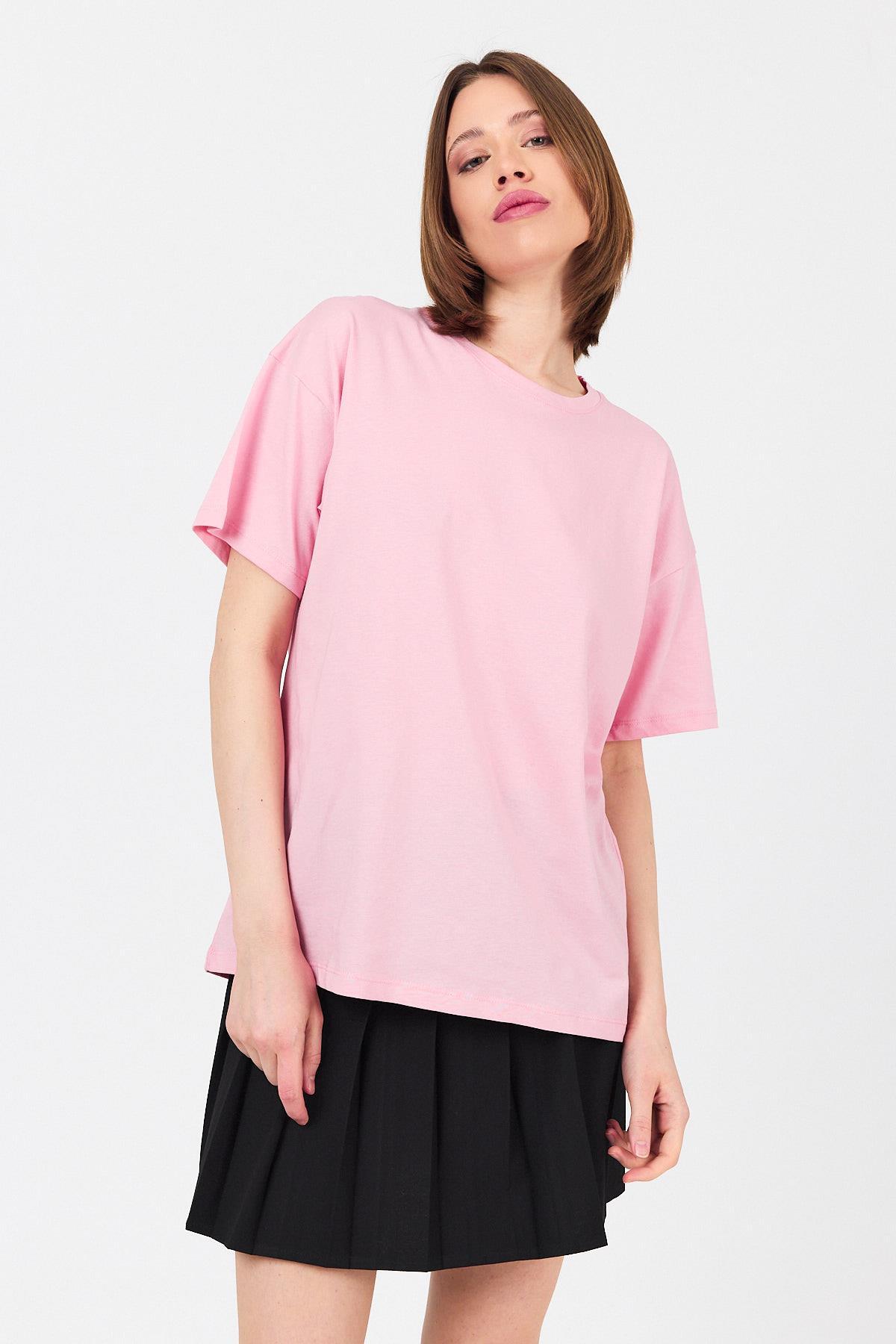 Pembe Arka Yazı Baskılı Kalpli %100 Pamuk Oversize Tişört 2150-33M - 8
