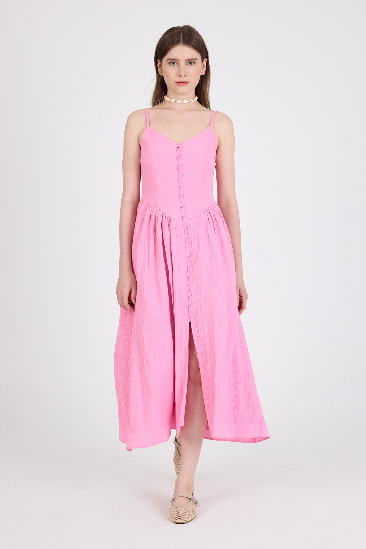 Pembe Askılı V Yaka Düğmeli Midi Elbise 2487 - 1