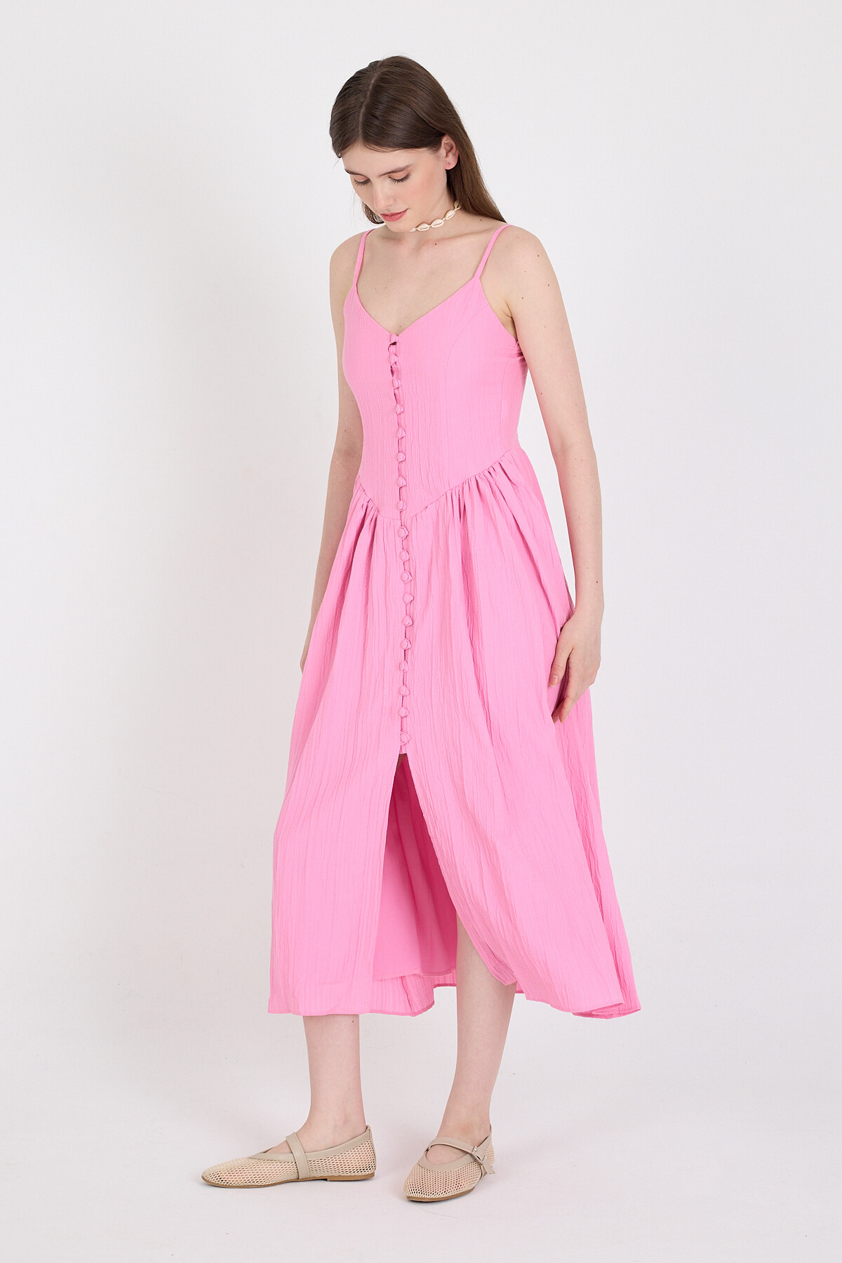 Pembe Askılı V Yaka Düğmeli Midi Elbise 2487 - 3