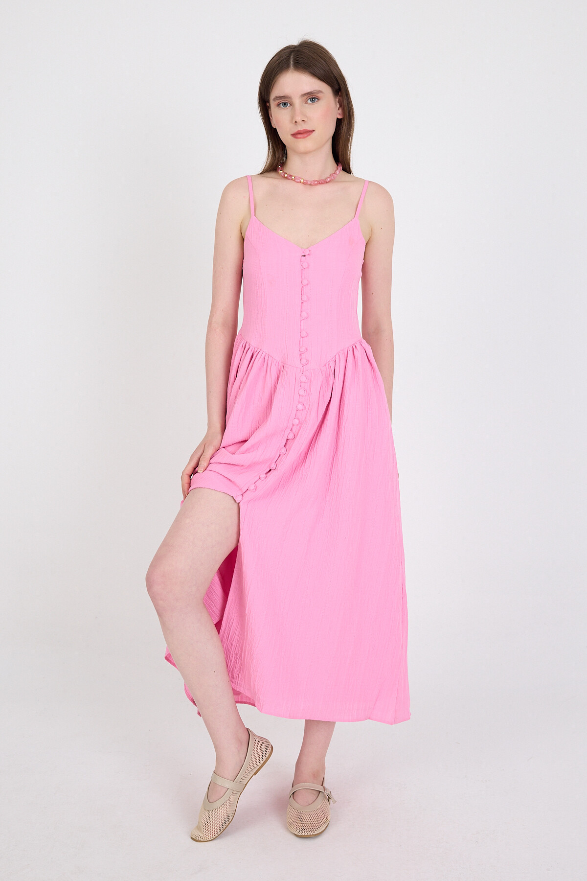 Pembe Askılı V Yaka Düğmeli Midi Elbise 2487 - 2