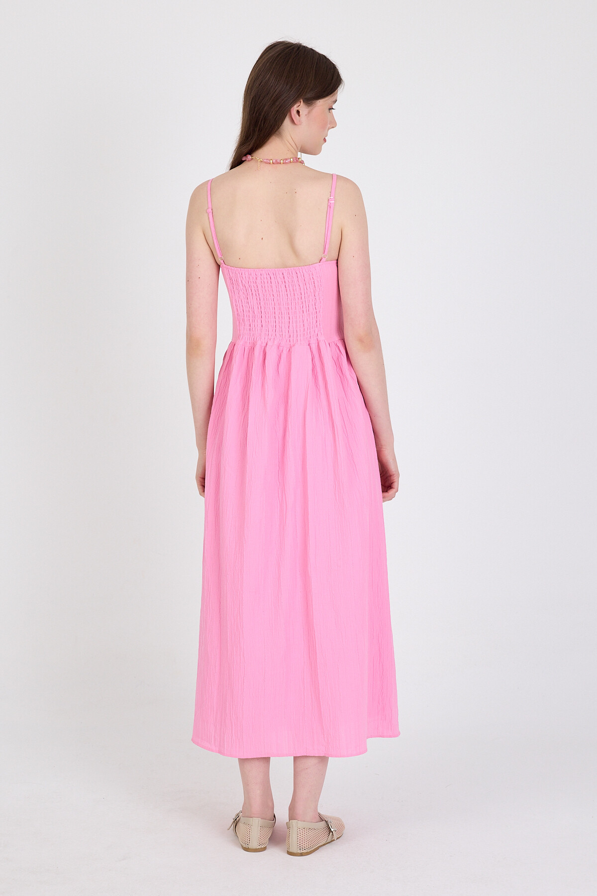 Pembe Askılı V Yaka Düğmeli Midi Elbise 2487 - 5