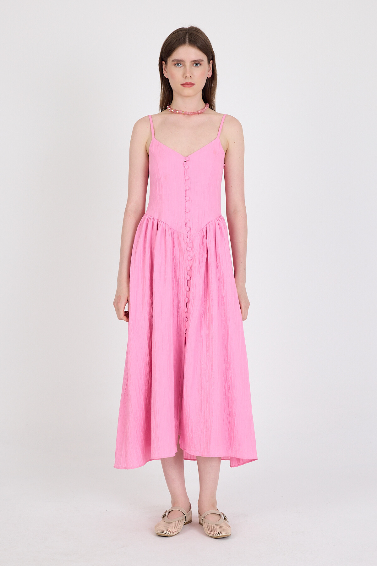 Pembe Askılı V Yaka Düğmeli Midi Elbise 2487 - 6