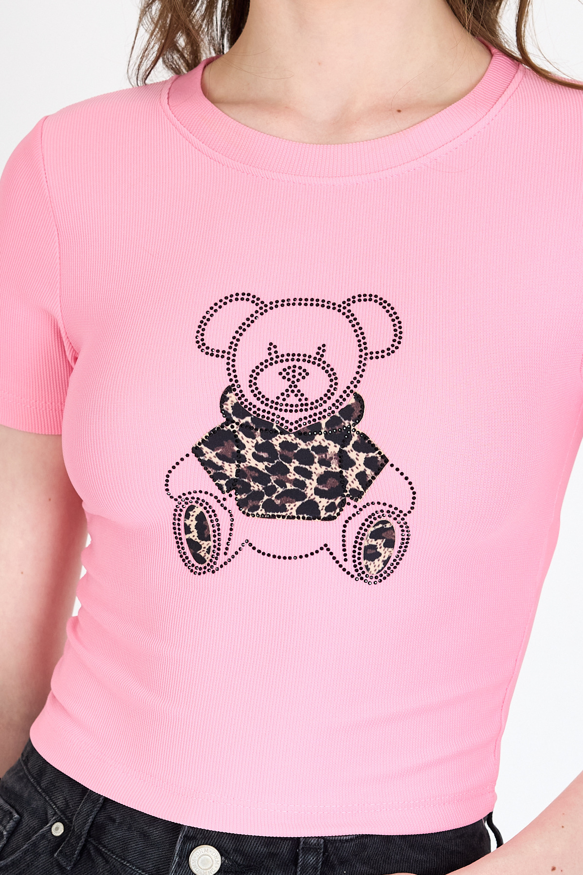 Pembe Ayıcık Baskılı Leopar Detaylı Slim Fit Crop Tişört 0549 - RAYS