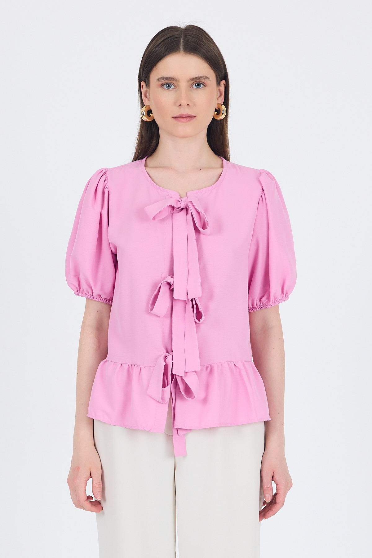 Pembe Bağlama Detaylı Balon Kollu Bluz 4334A - RAYS