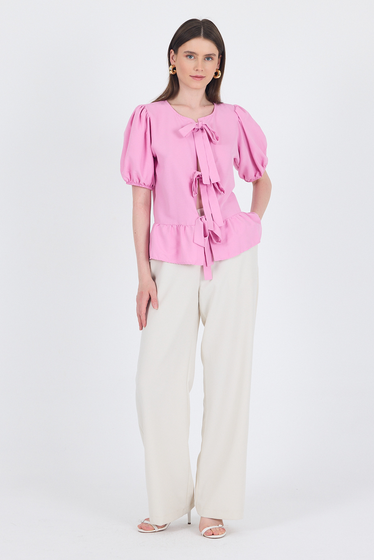 Pembe Bağlama Detaylı Balon Kollu Bluz 4334A - RAYS