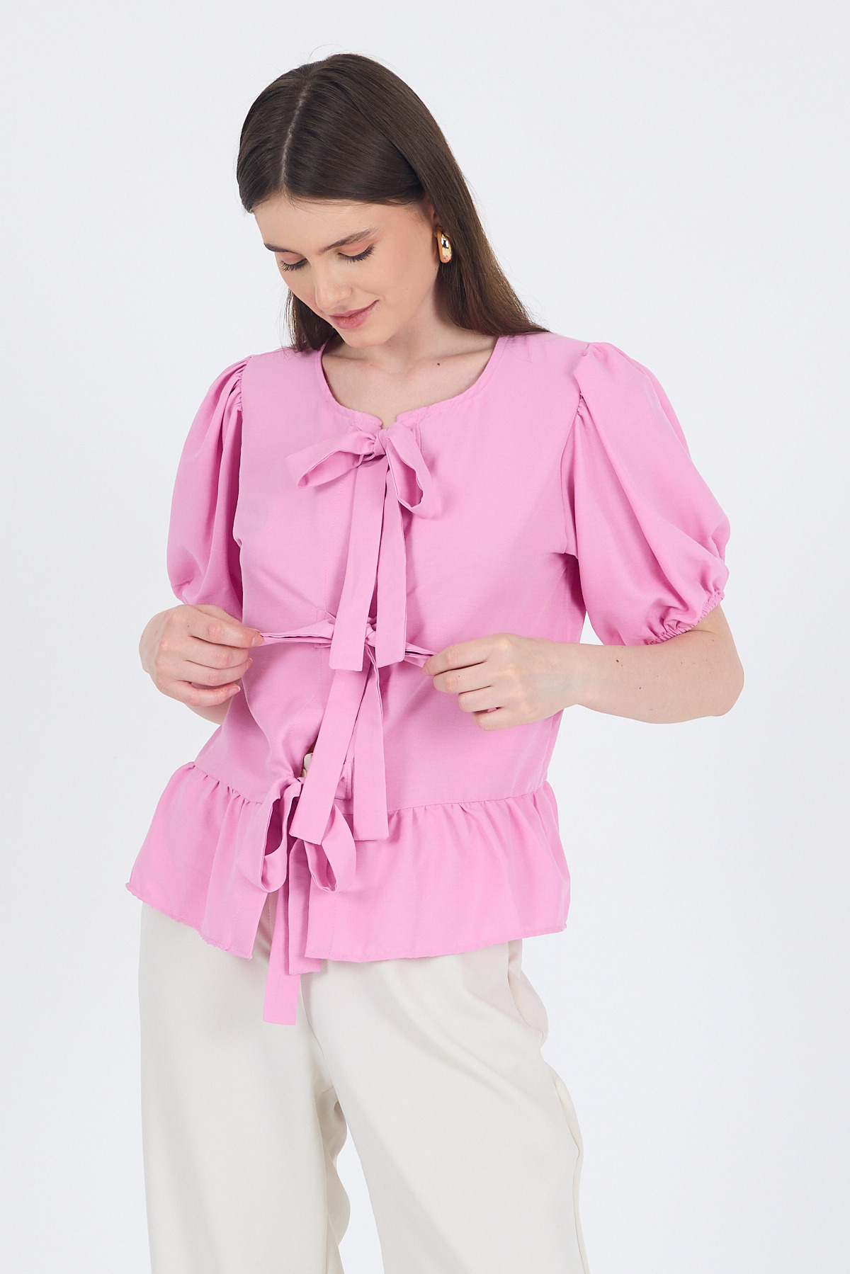 Pembe Bağlama Detaylı Balon Kollu Bluz 4334A - 6