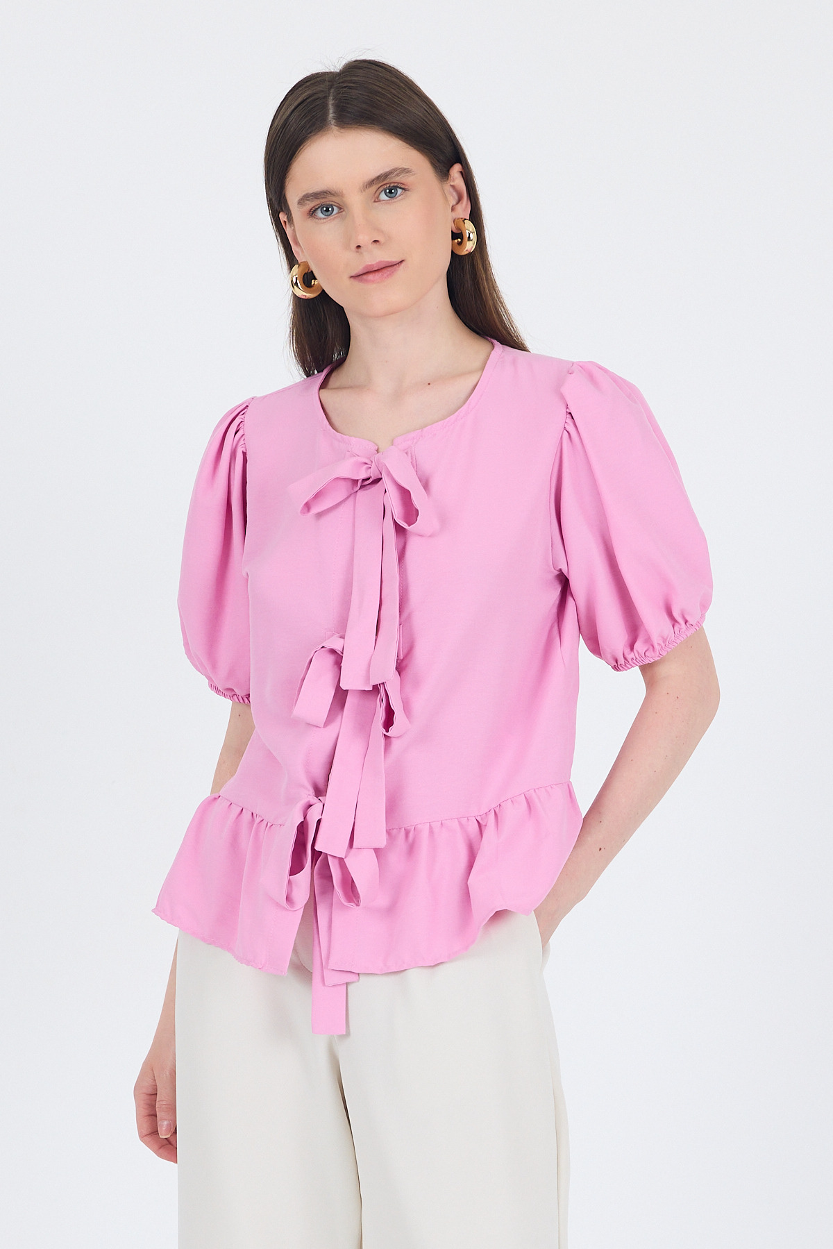 Pembe Bağlama Detaylı Balon Kollu Bluz 4334A - 1
