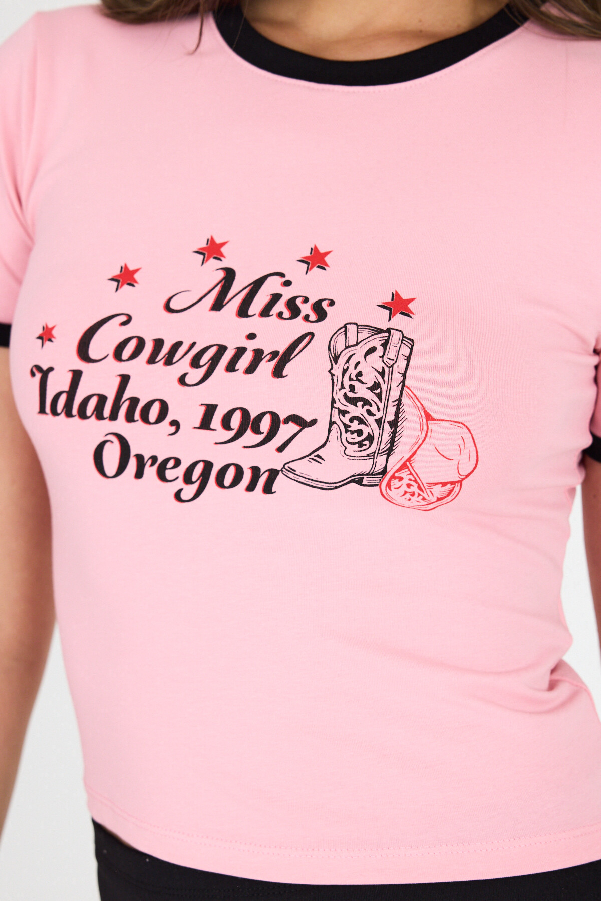 Pembe Baskılı Ribana Detaylı Pamuklu Crop Tişört 9191M - RAYS