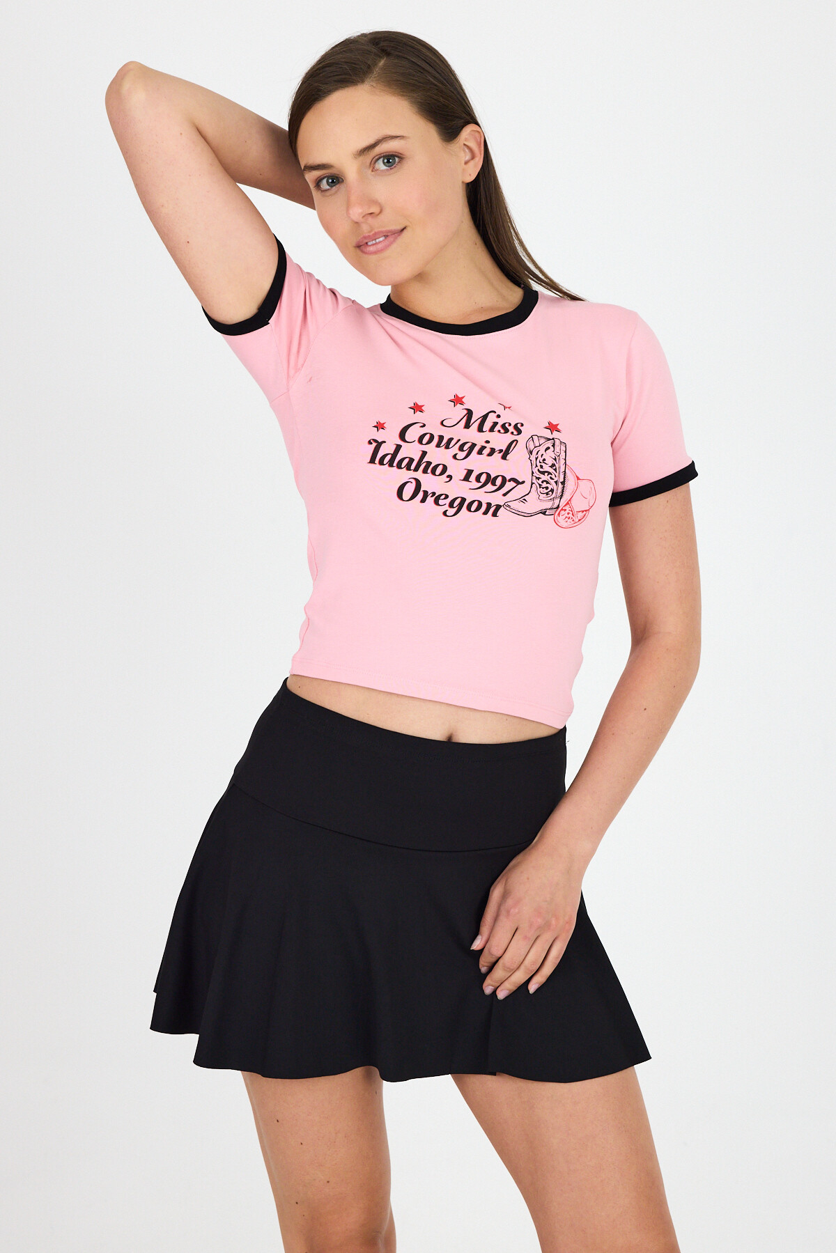 Pembe Baskılı Ribana Detaylı Pamuklu Crop Tişört 9191M - 7