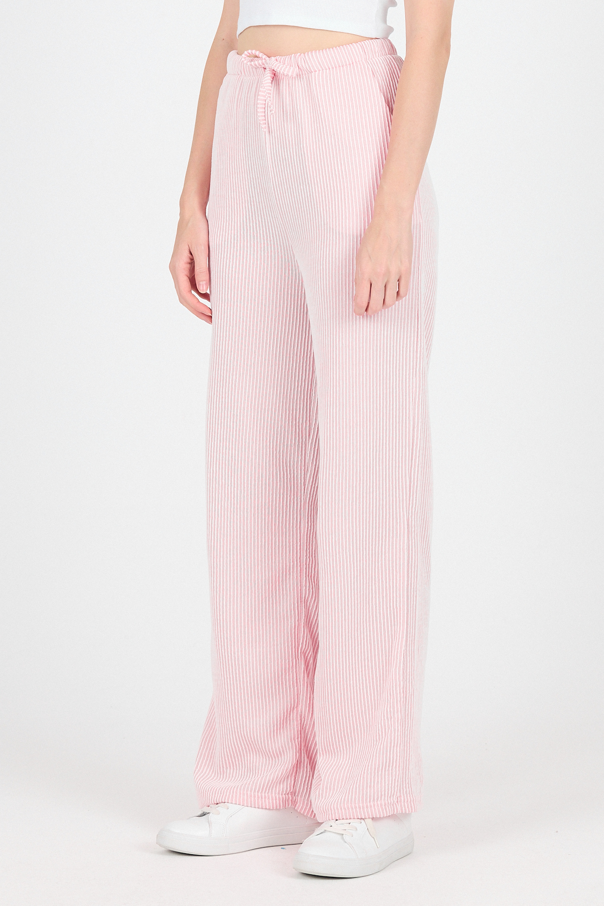 Pembe Beli Lastikli Çizgili Geniş Paça Dokuma Pantolon 4098 - RAYS