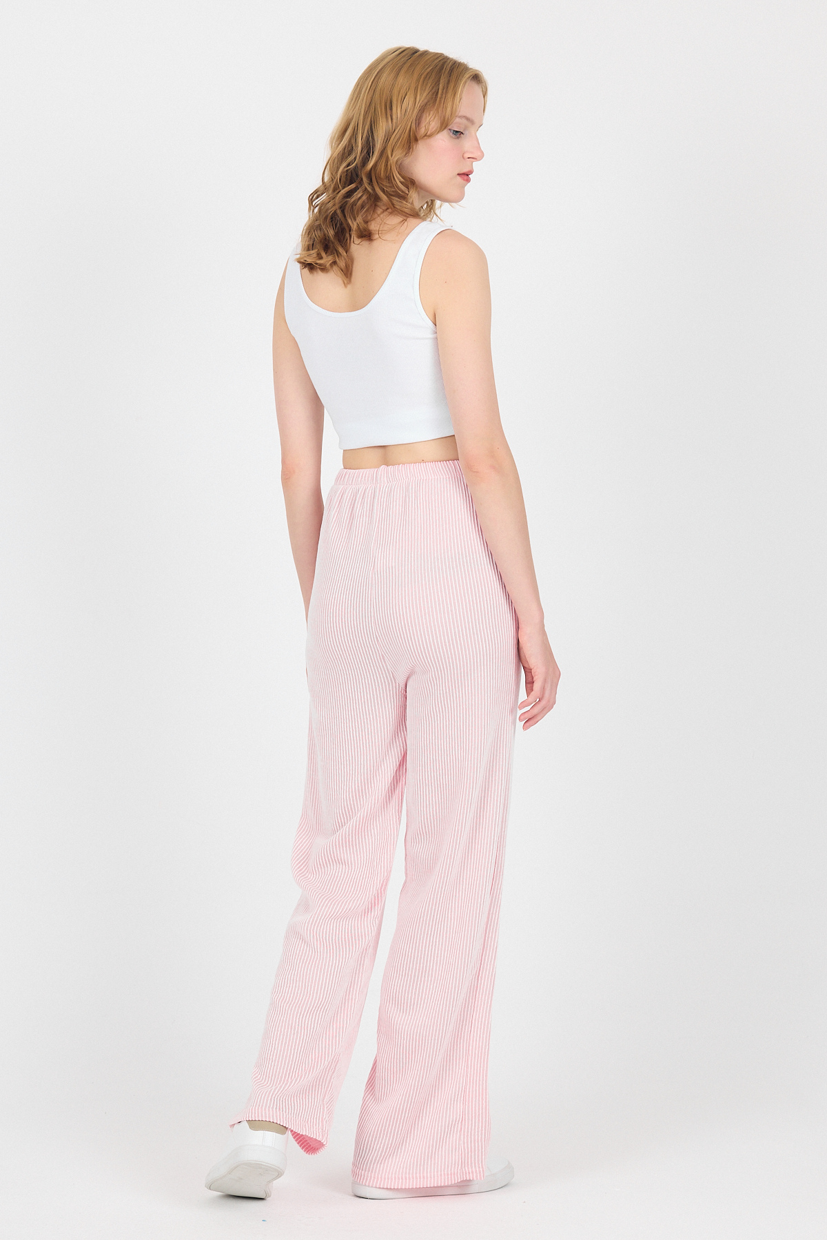 Pembe Beli Lastikli Çizgili Geniş Paça Dokuma Pantolon 4098 - 5
