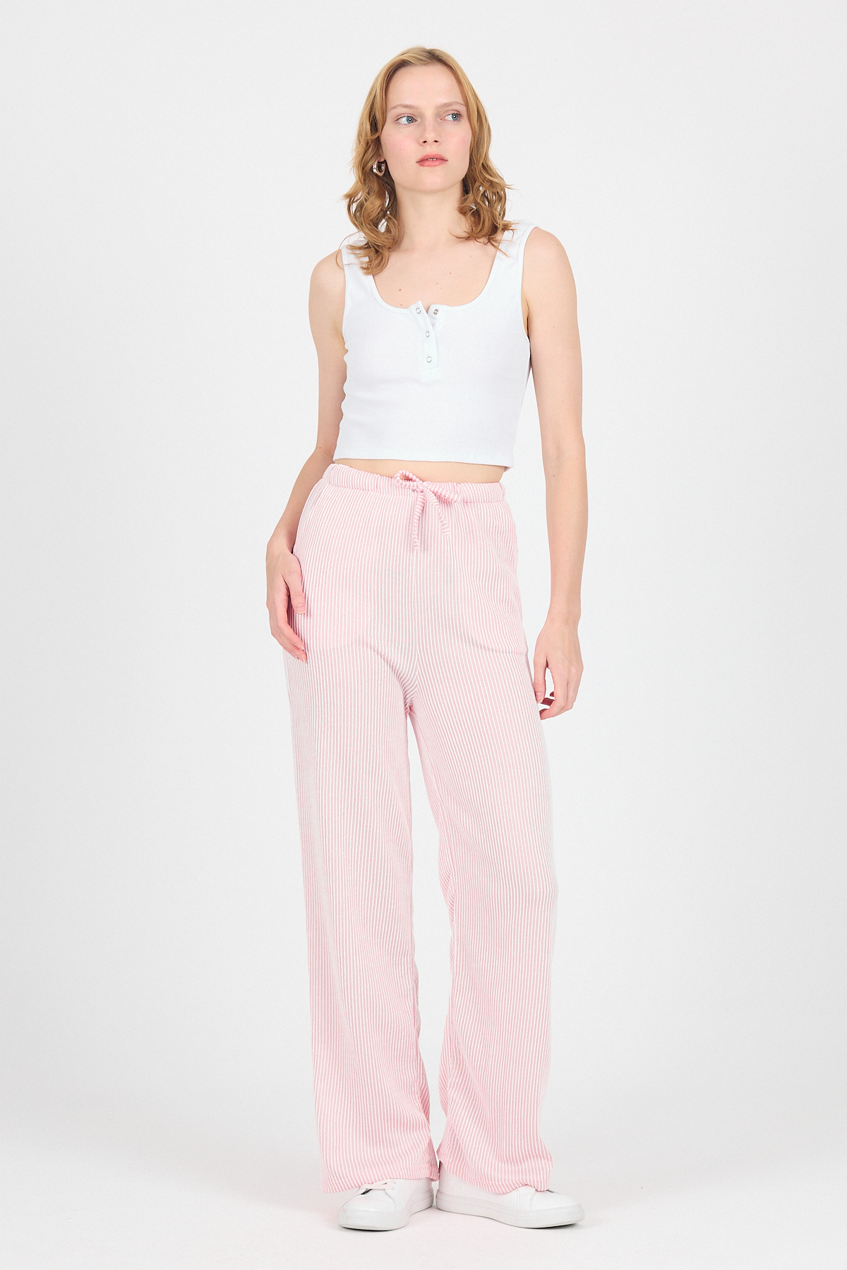 Pembe Beli Lastikli Çizgili Geniş Paça Dokuma Pantolon 4098 - 6