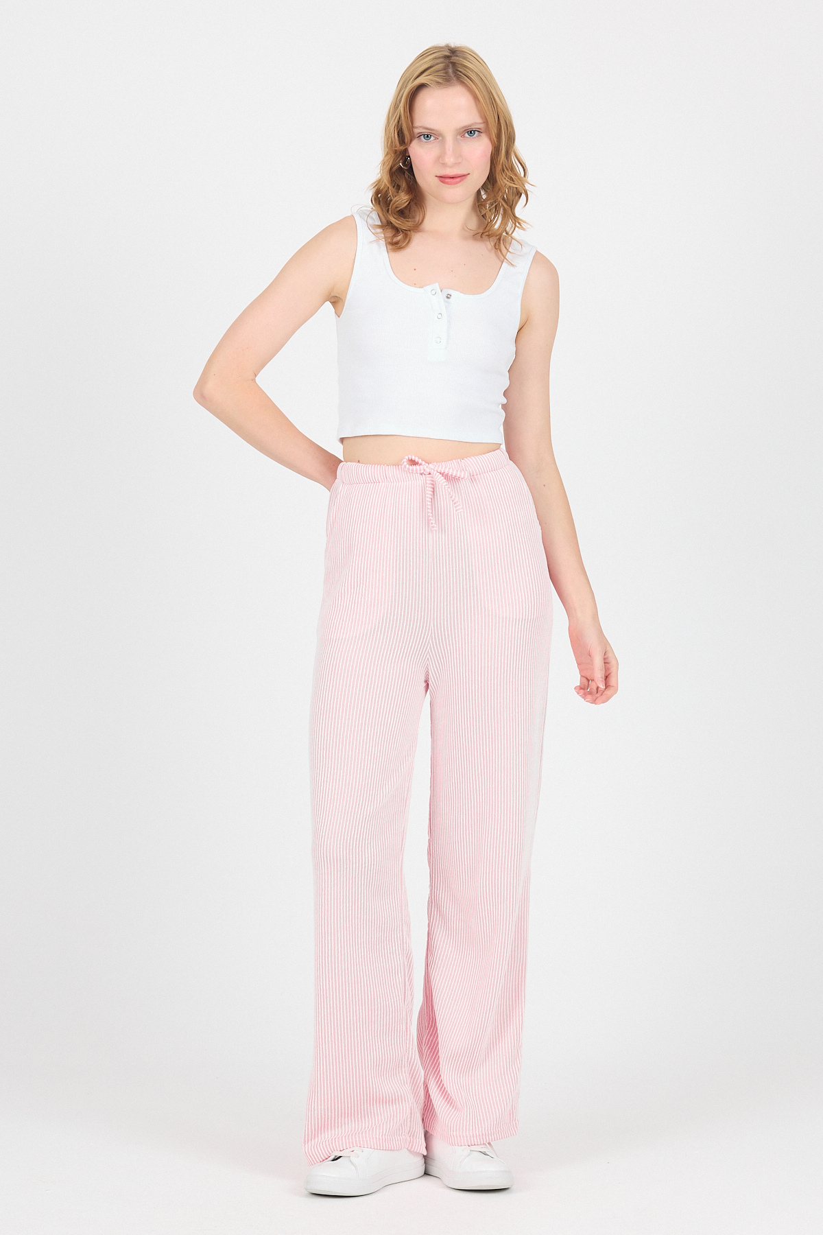 Pembe Beli Lastikli Çizgili Geniş Paça Dokuma Pantolon 4098 - 2
