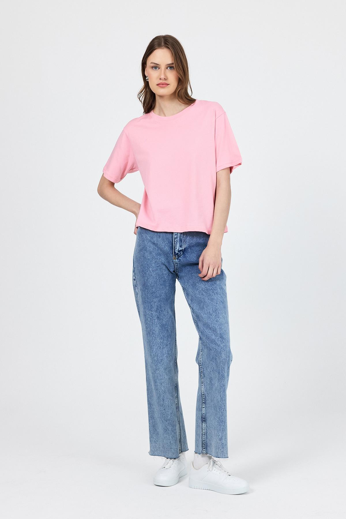 Pembe Bisiklet Yaka %100 Pamuk Relaxed Fit Tişört 2142M - 2