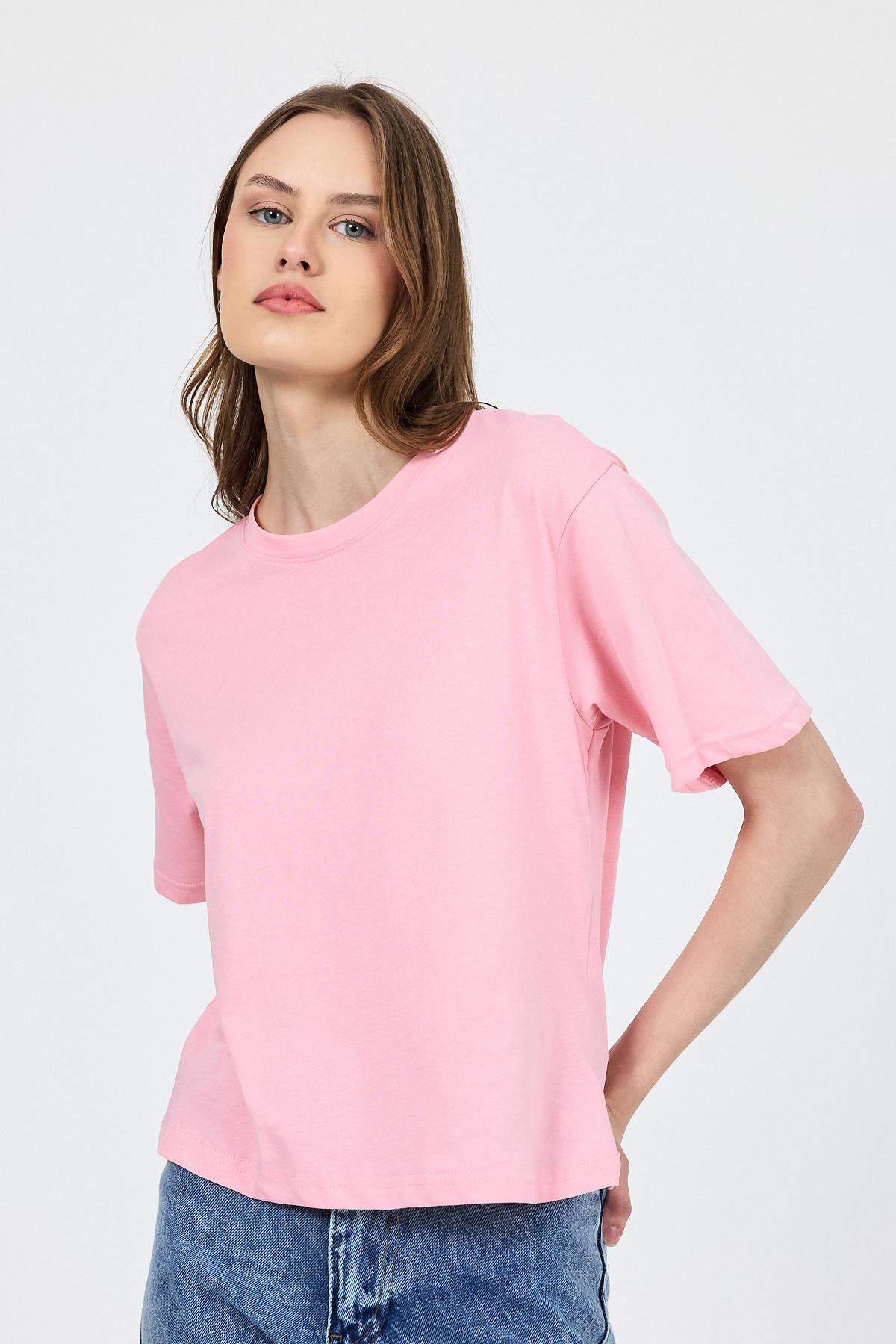 Pembe Bisiklet Yaka %100 Pamuk Relaxed Fit Tişört 2142M - 3