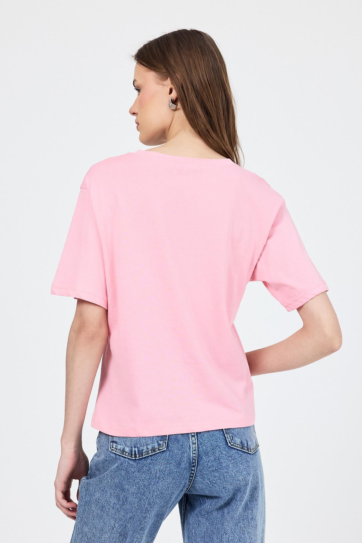 Pembe Bisiklet Yaka %100 Pamuk Relaxed Fit Tişört 2142M - 5
