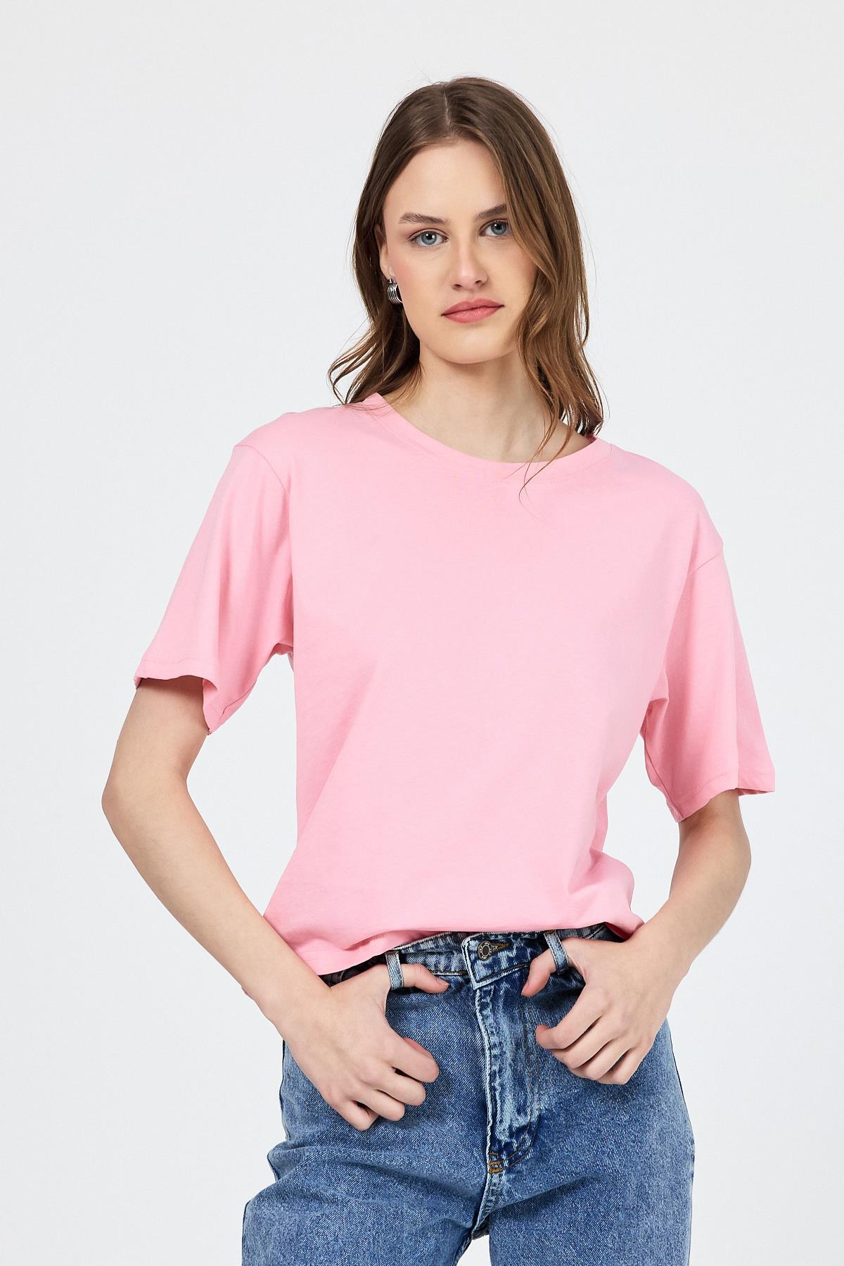 Pembe Bisiklet Yaka %100 Pamuk Relaxed Fit Tişört 2142M - 1