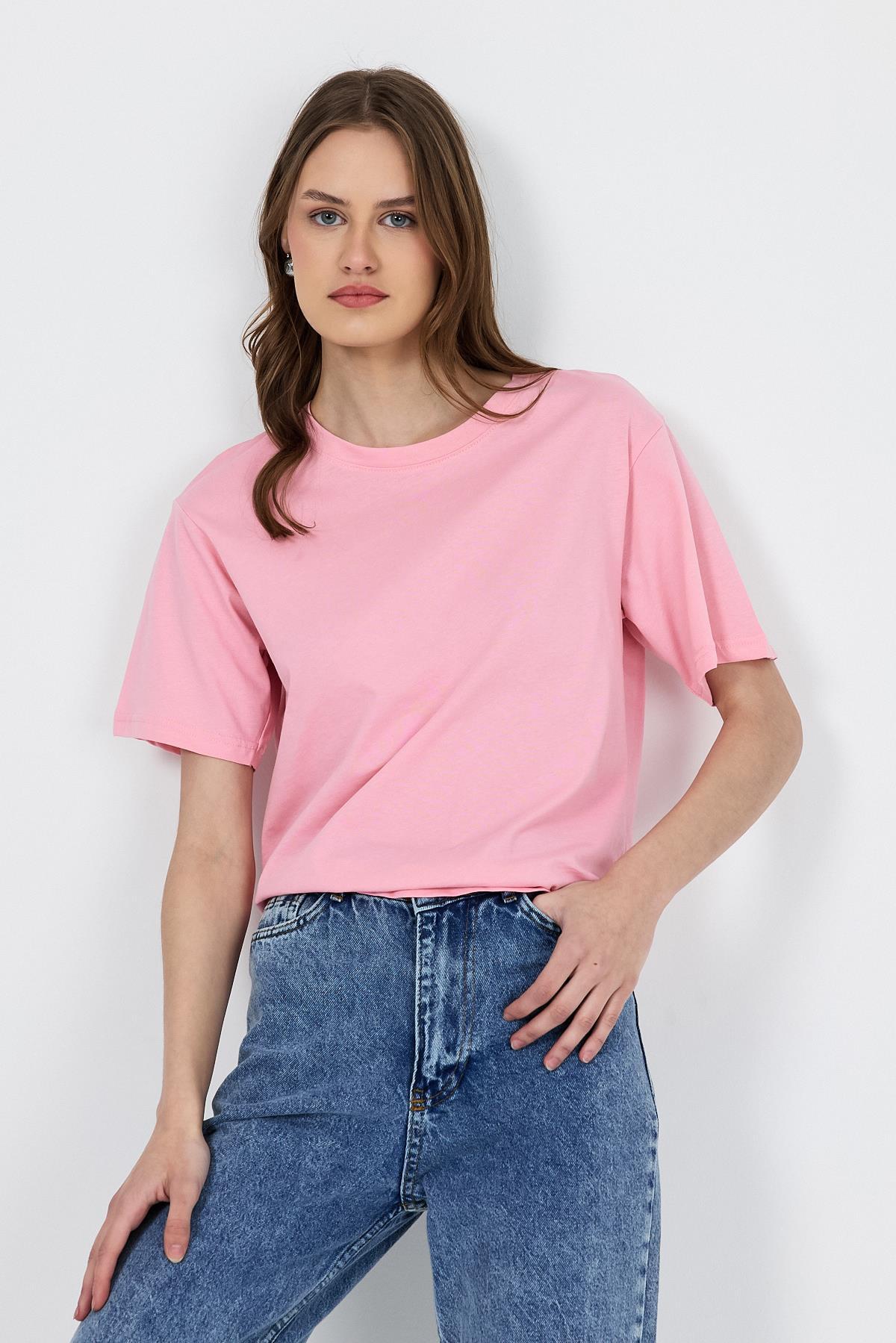 Pembe Bisiklet Yaka %100 Pamuk Relaxed Fit Tişört 2142M - 6